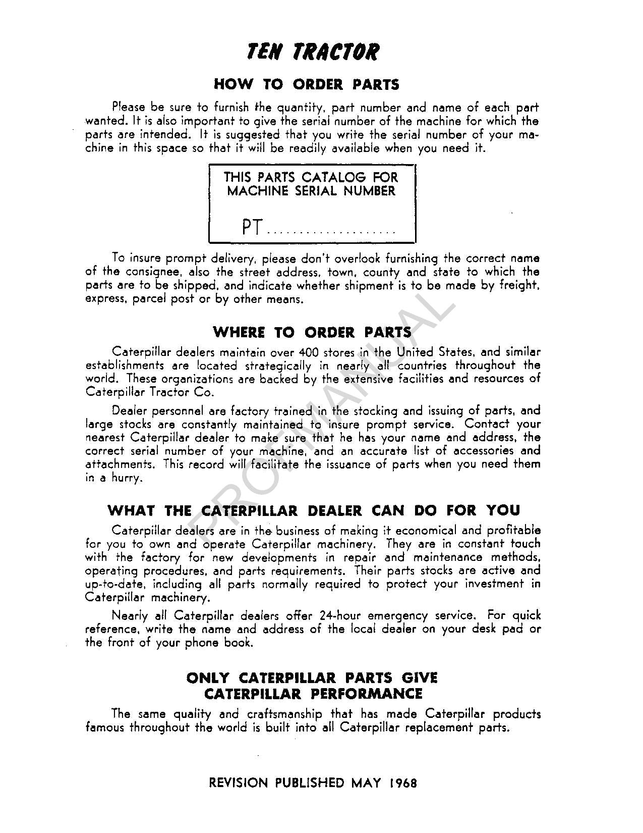 Caterpillar Cat Ten Tractor Parts Catalog Manual ser PT1-4929