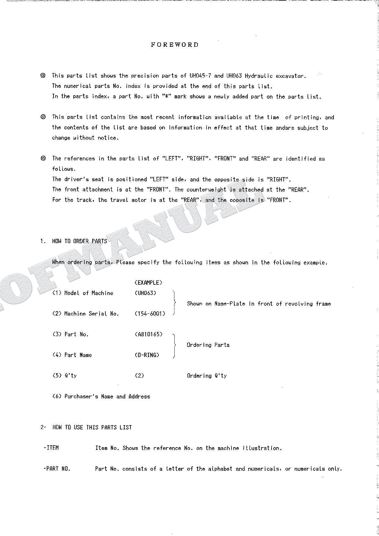 HITACHI UH045-7 UH063 Equip Component Excavator Parts Catalog Manual P7309-H-6