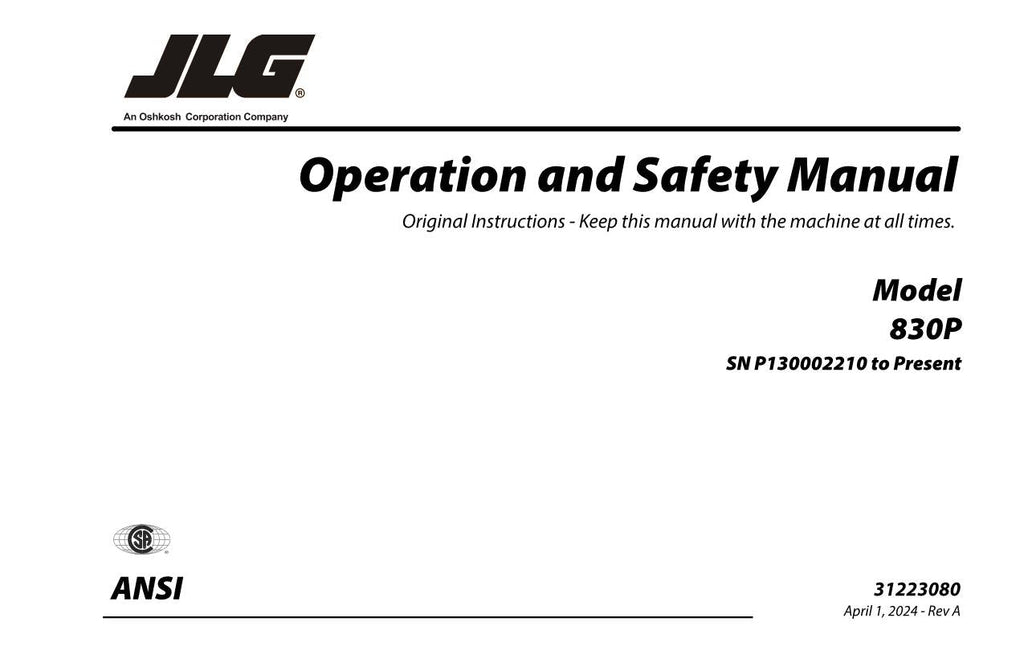 JLG 830P Vertical Mast Maintenance Operation Operators Manual 31223080