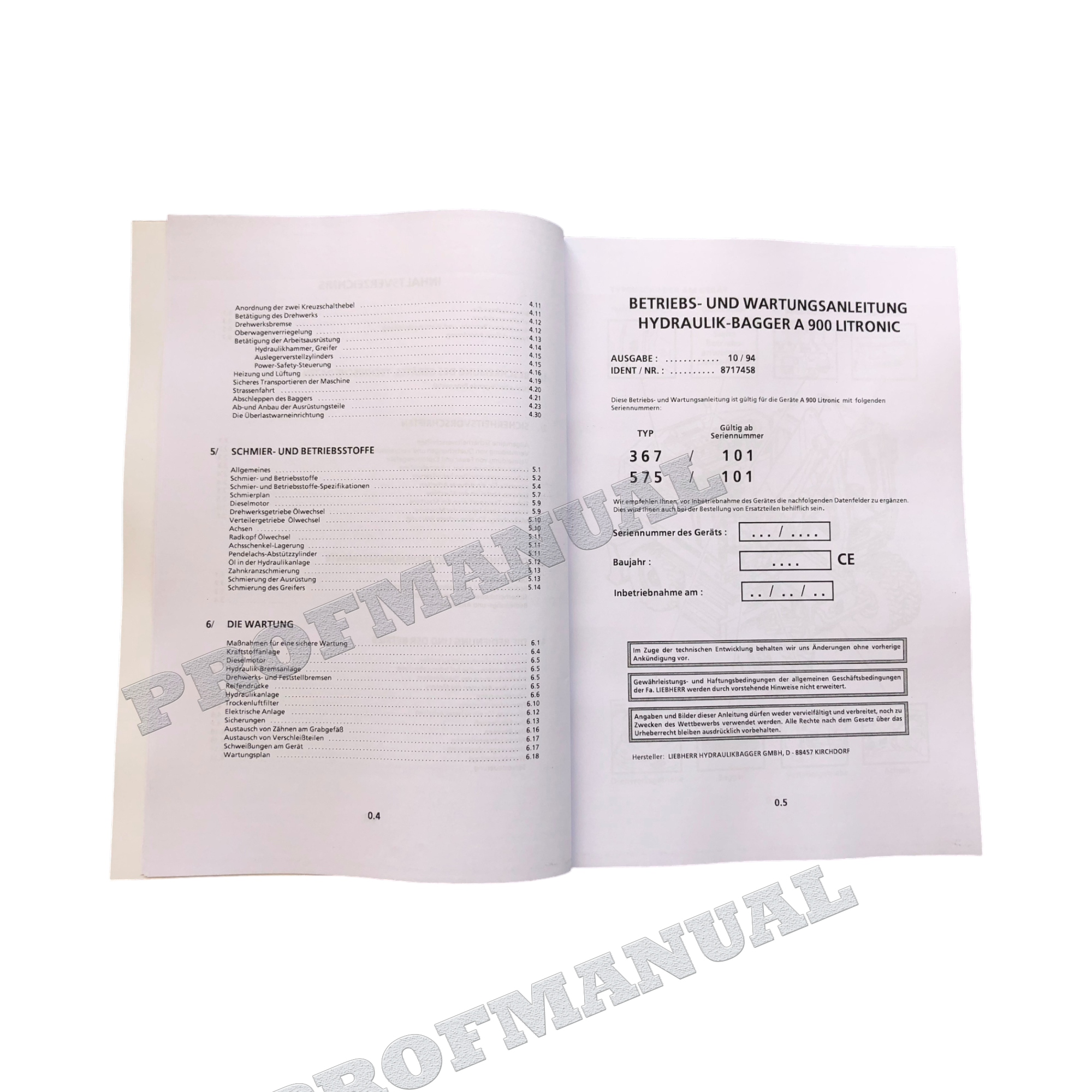 Liebherr A900 Litronic Hydraulikbagger Betriebsanleitung ser 367/101 575/101