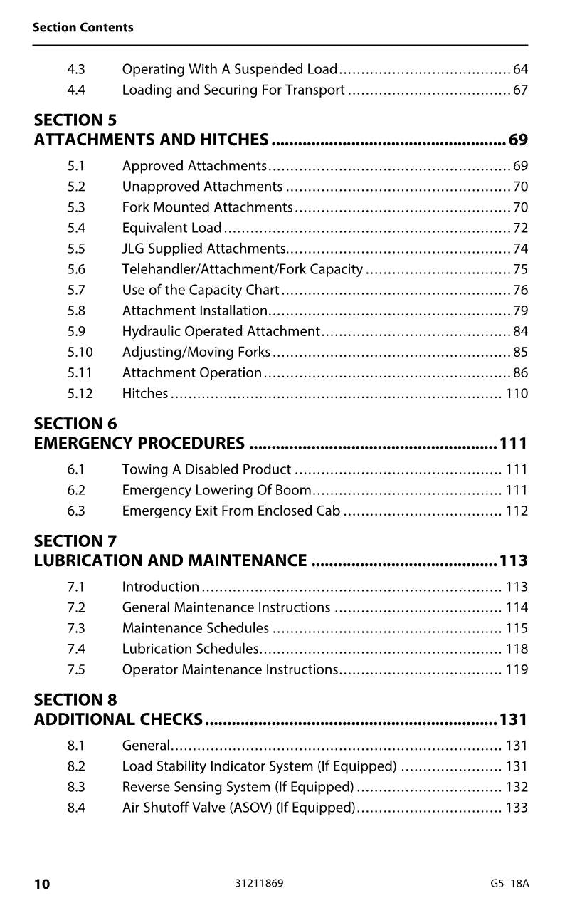 Manual del operador de mantenimiento y operación del manipulador telescópico JLG G5-18A 31211869