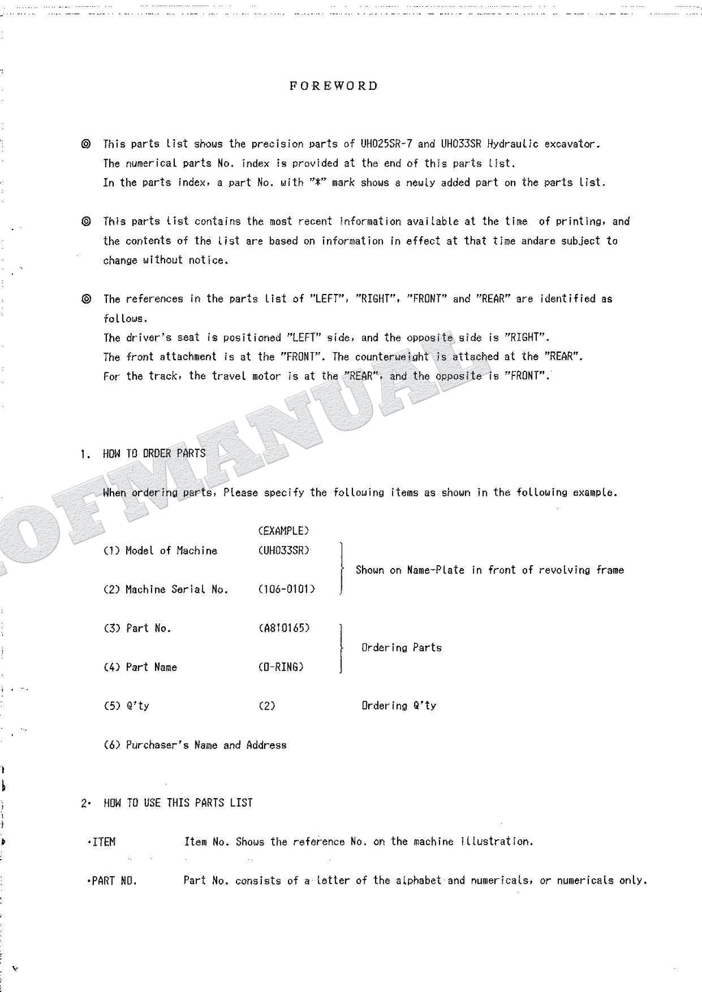 HITACHI UH025SR-7 UH033SR Equipment Component Excavator Parts Catalog Manual