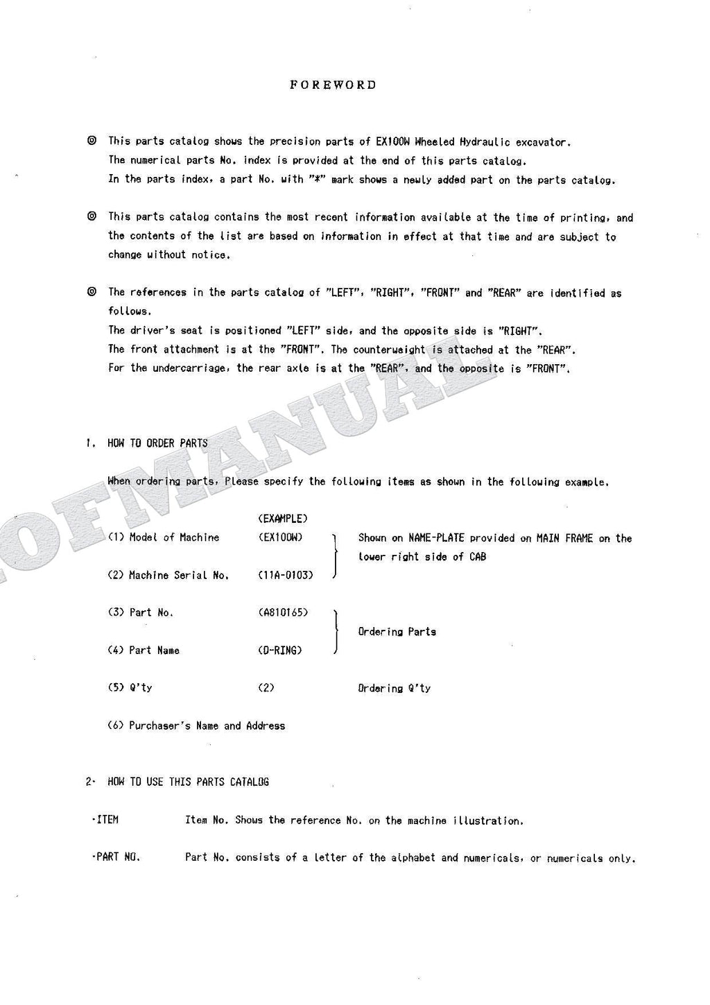 HITACHI EX100W Equipment Component Excavator Parts Catalog Manual