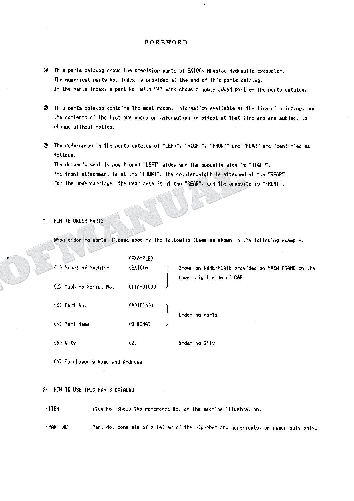 HITACHI EX100W Equipment Component Excavator Parts Catalog Manual