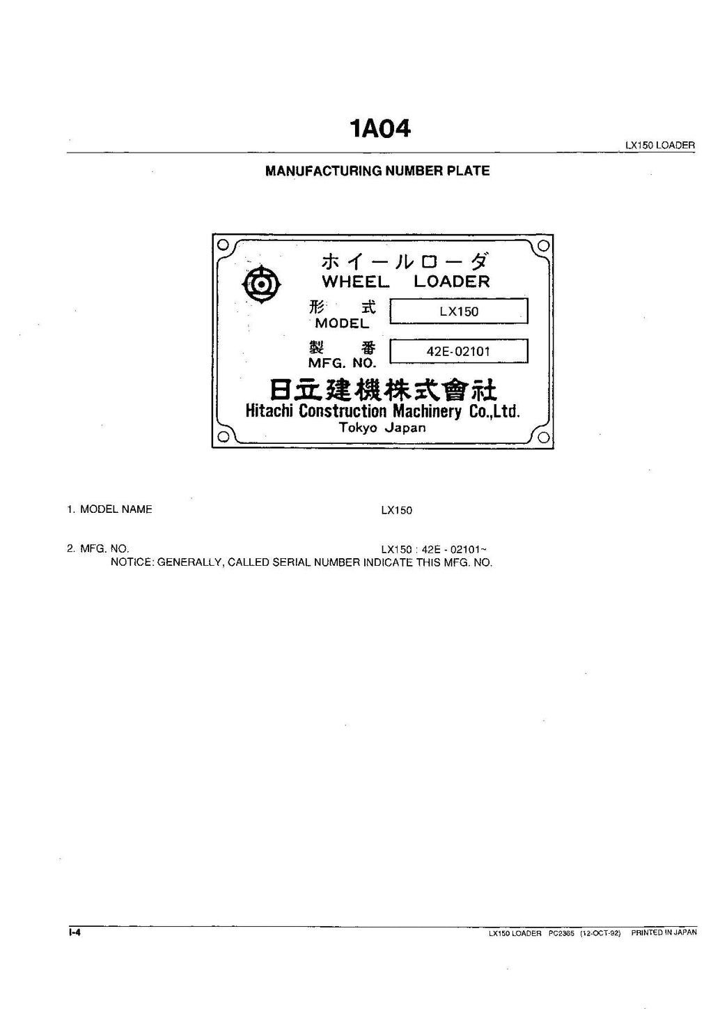 Hitachi LX150-2 Export Wheel Loader Parts Catalog Manual SN 02101-up