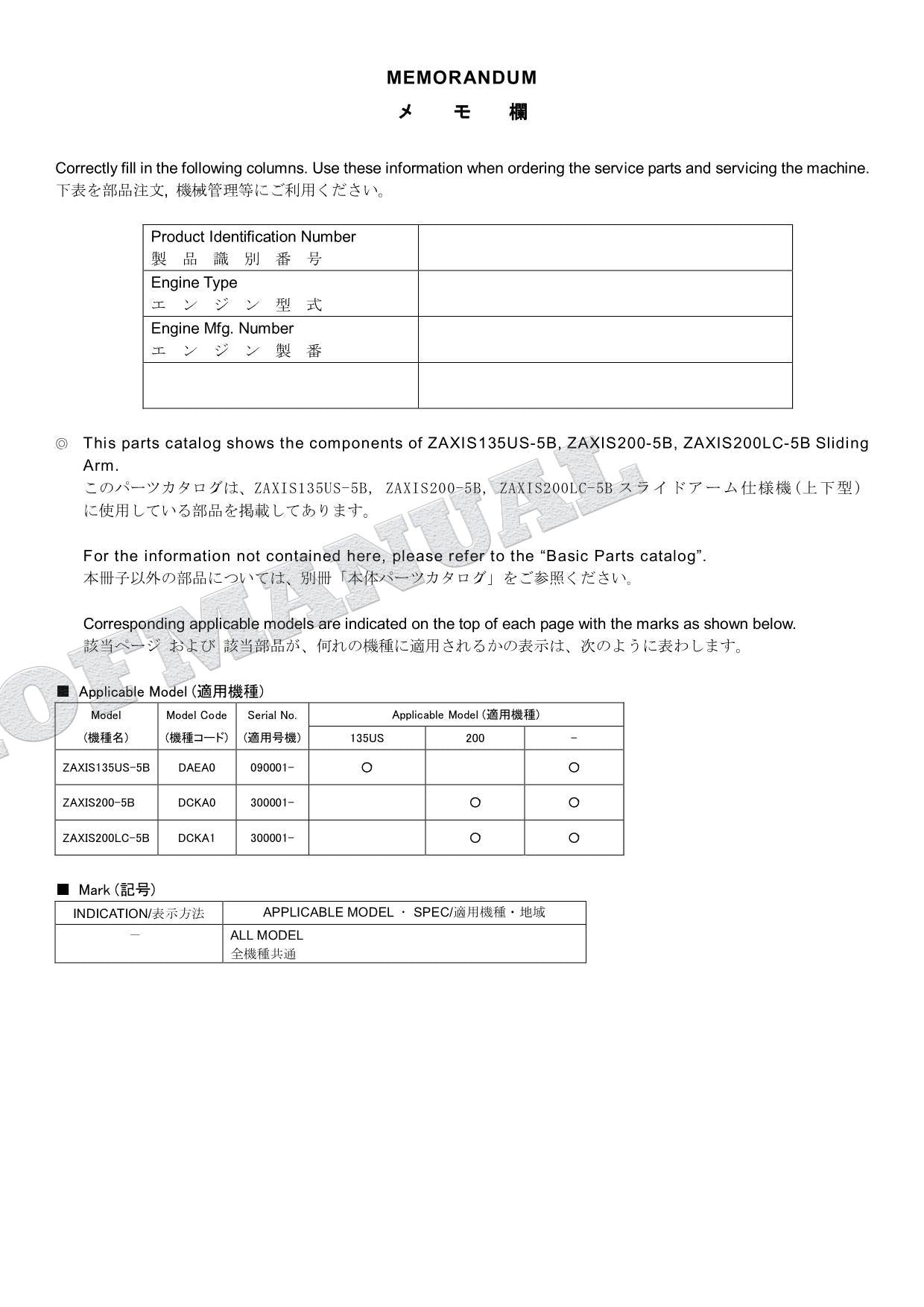 Catálogo de piezas de excavadora de brazo deslizante HITACHI ZX135US-5B ZX200-5B ZX200LC-5B