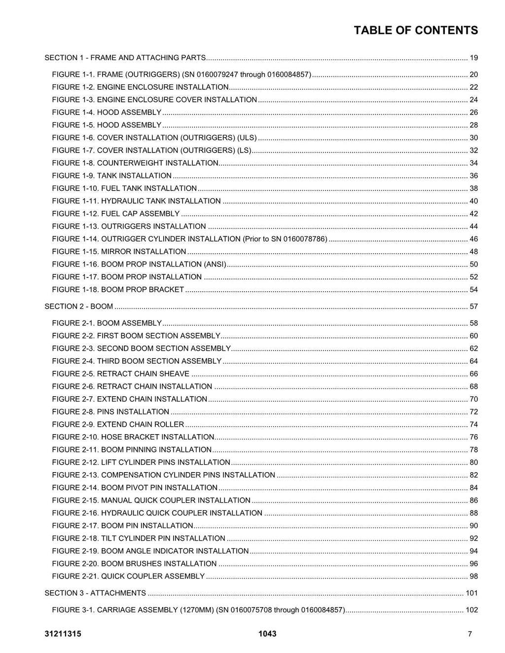 JLG 1043 Telehandler Parts Catalog Manual Prior to 0160101059