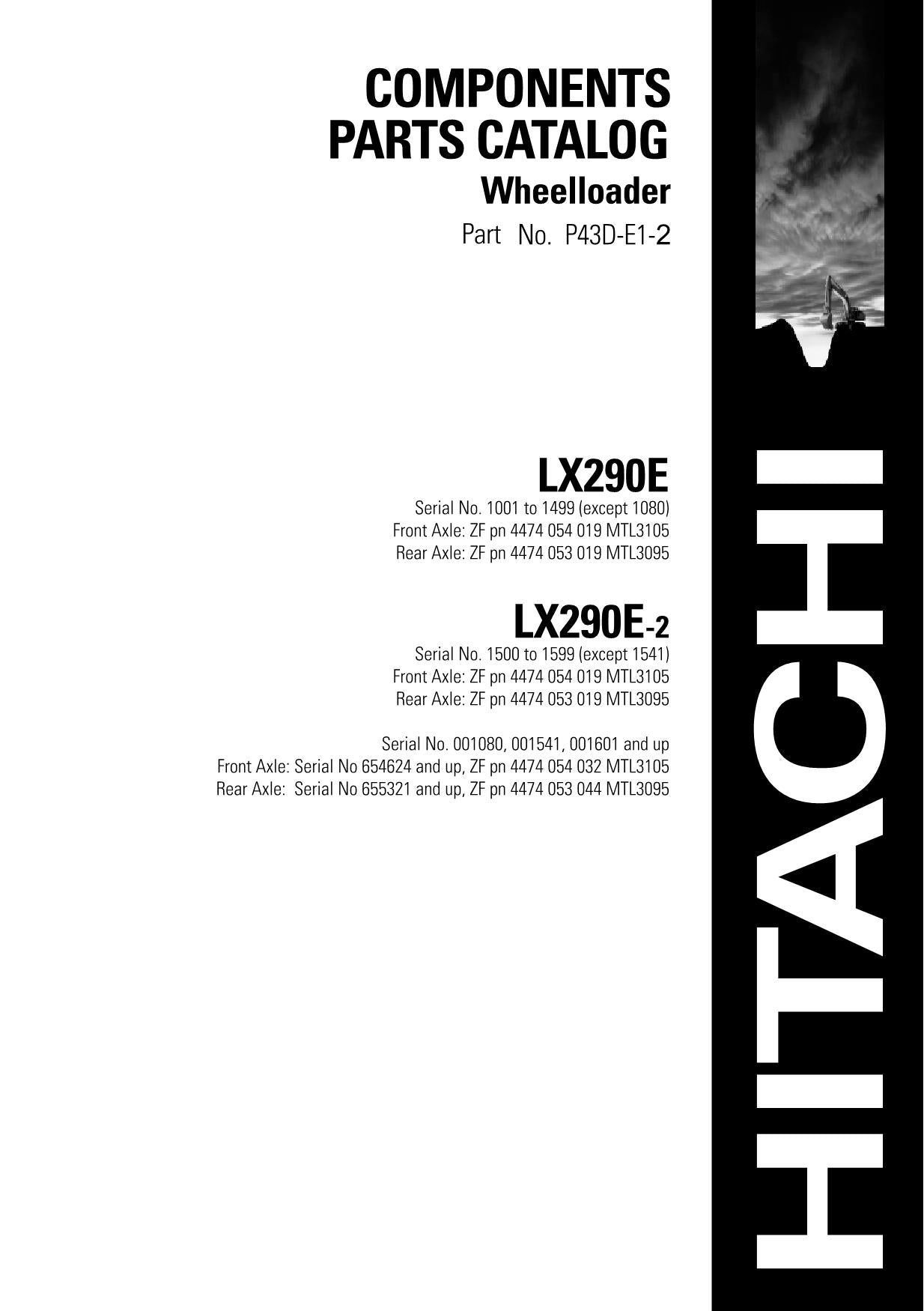Hitachi LX290E LX290E-2 Wheel Loader Parts Catalog Manual