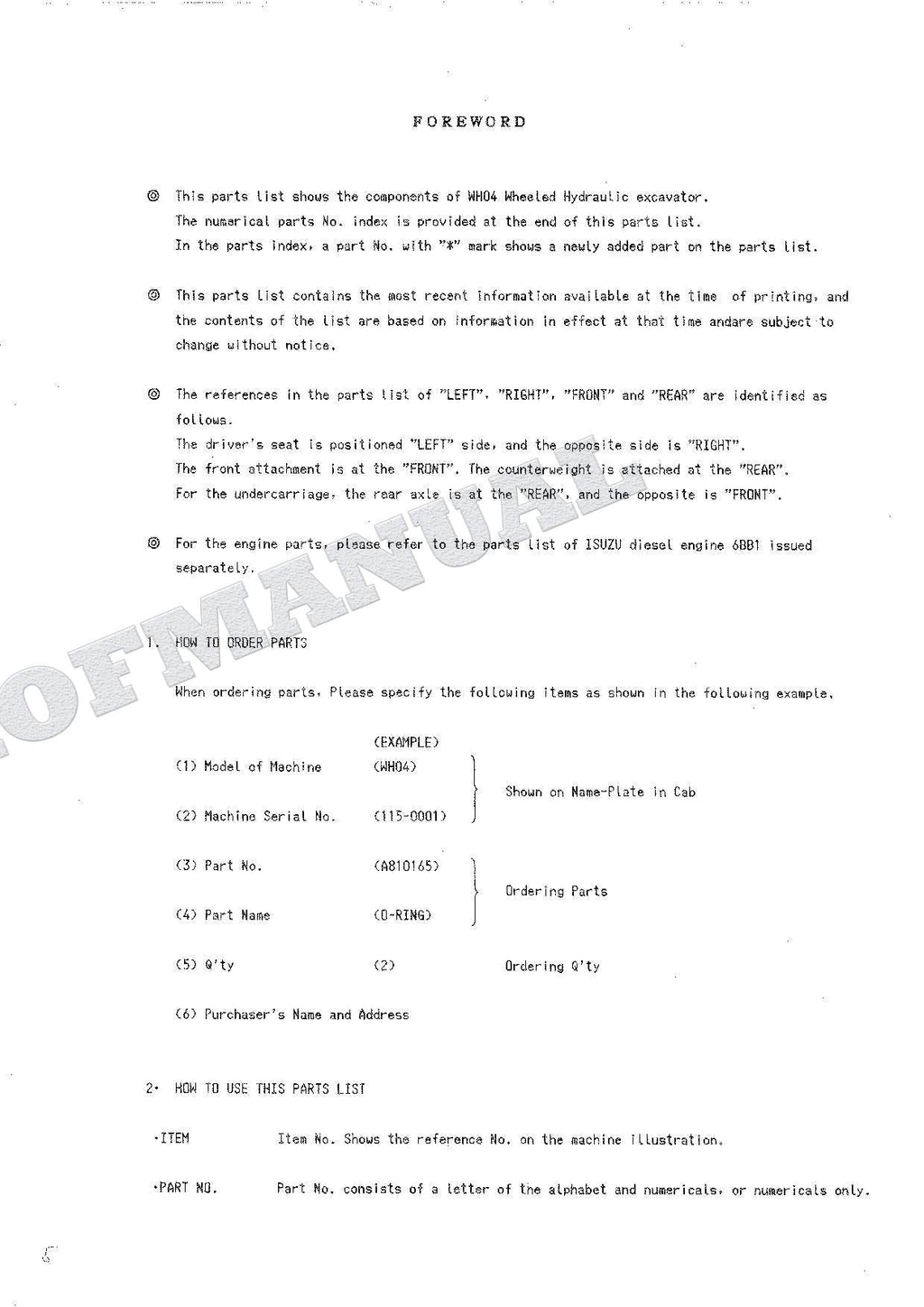 HITACHI WH04 Excavator Parts Catalog Manual SN 0001-