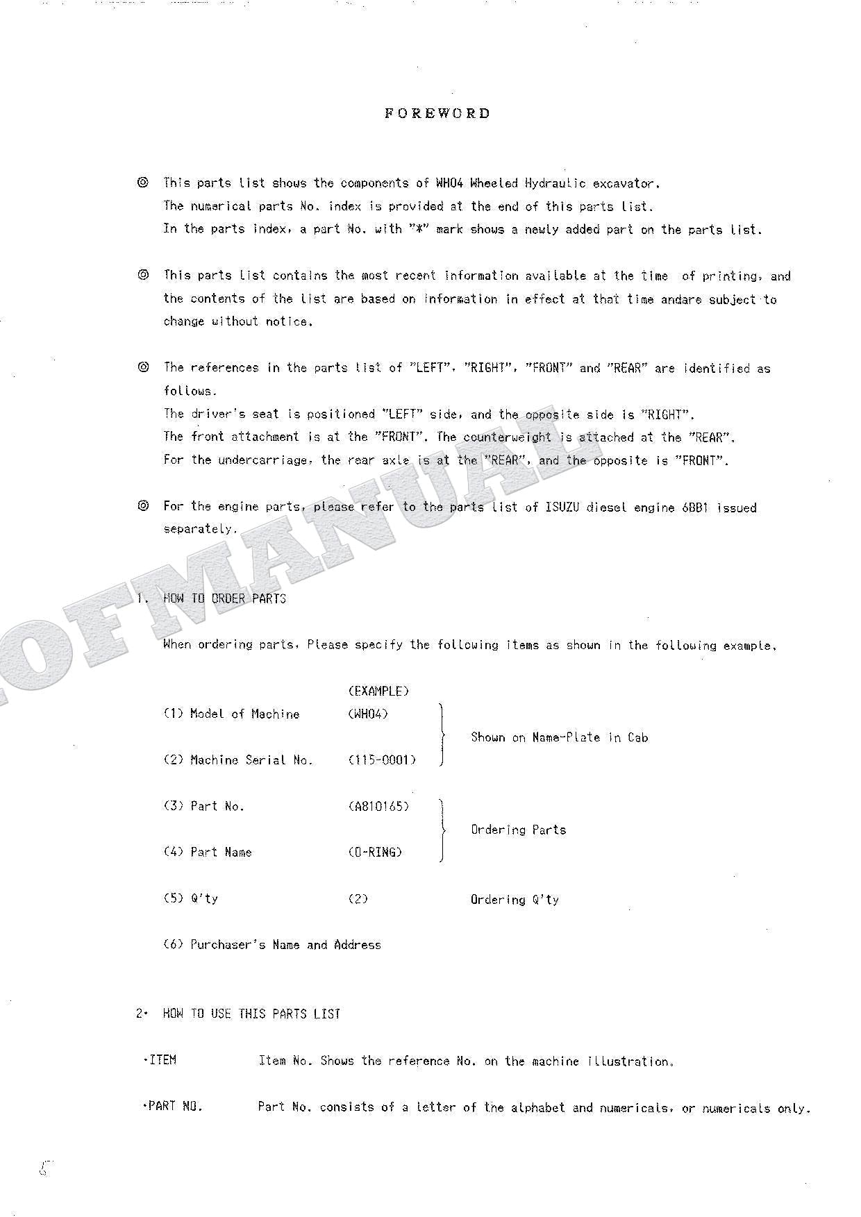 HITACHI WH04 Excavator Parts Catalog Manual SN 0001-