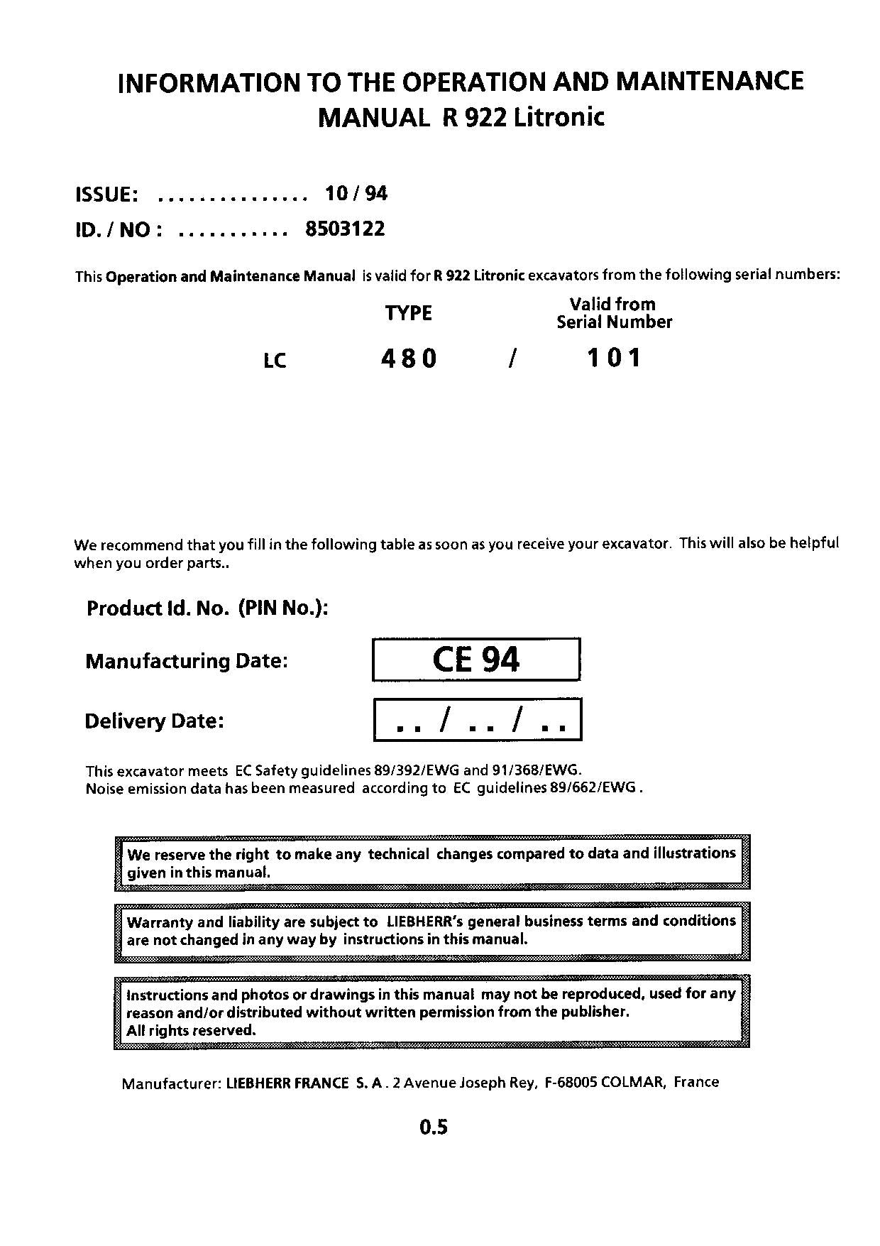 Liebherr R922 Litronic Excavator Operators manual serial 101