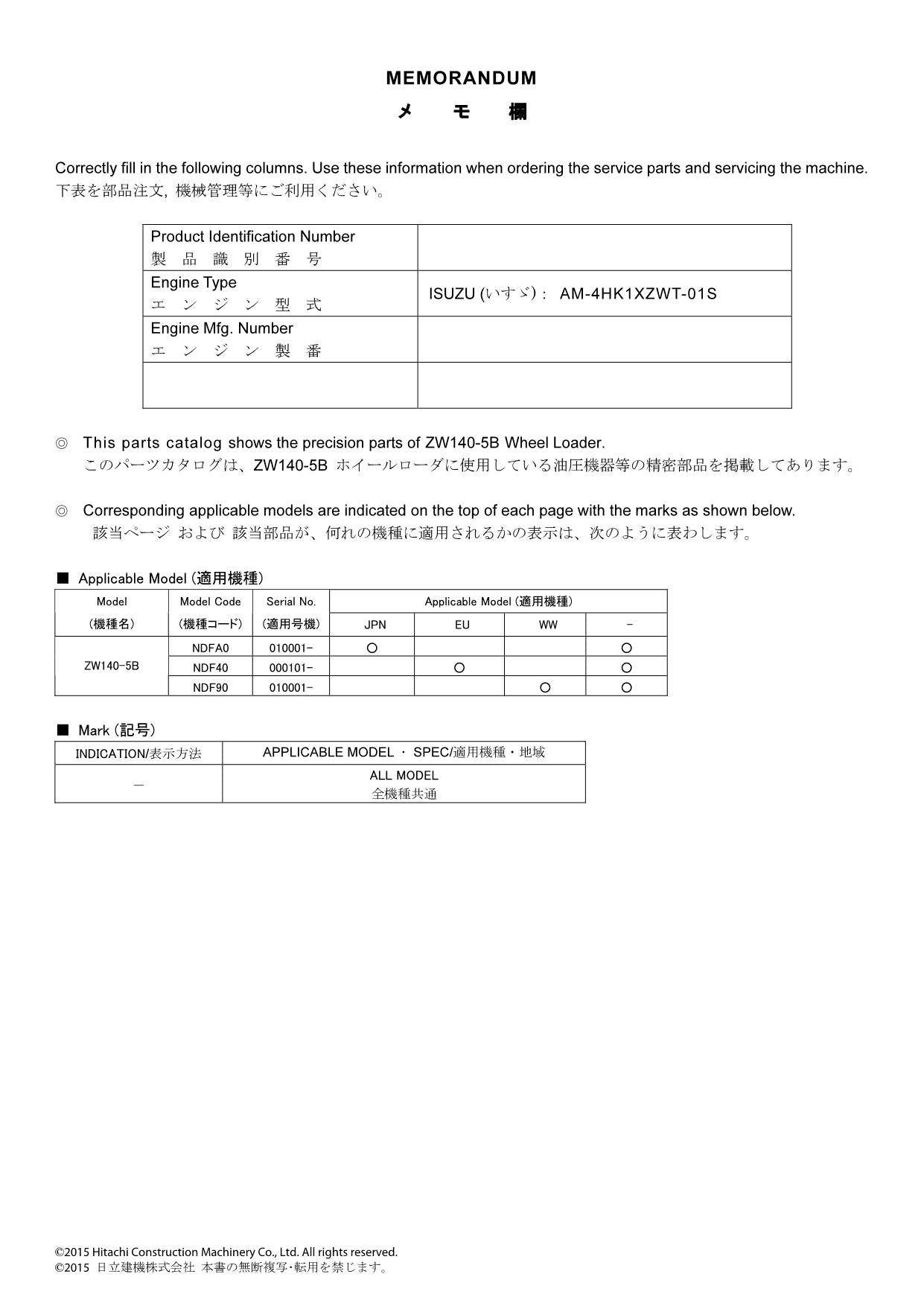 Hitachi ZW140-5B Equipment Component Wheel Loader Parts Catalog Manual