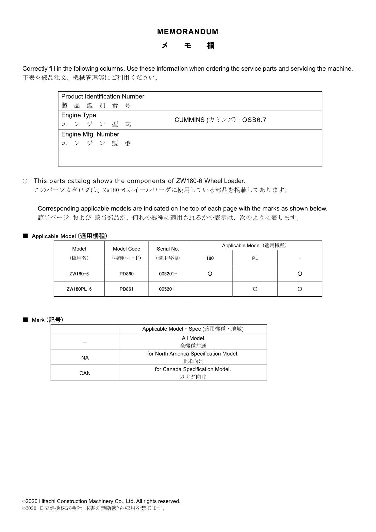 Hitachi ZW180-6 ZW180PL-6 NA Spec Wheel Loader Parts Catalog Manual SN 005201-up