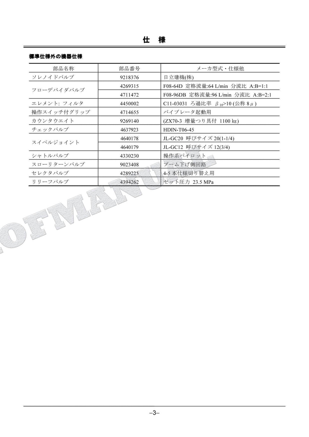 HITACHI ZAXIS ZX70-3 Excavator Concrete Vibrator Excavator Parts Catalog Manual