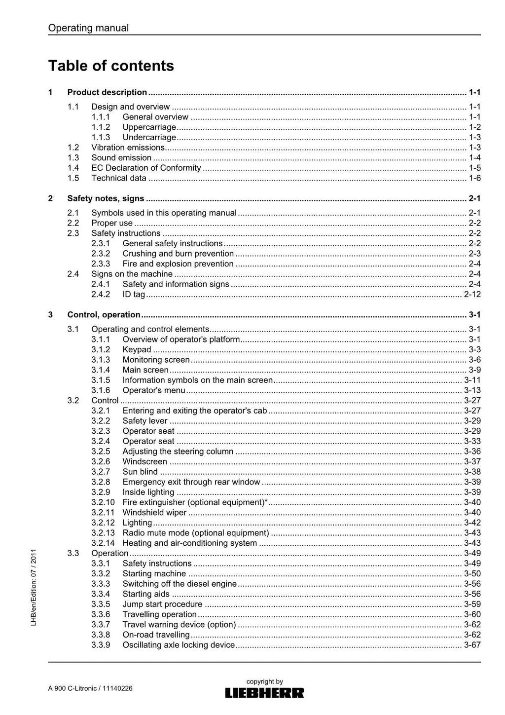 Liebherr A900 C-Litronic Excavator Operators manual