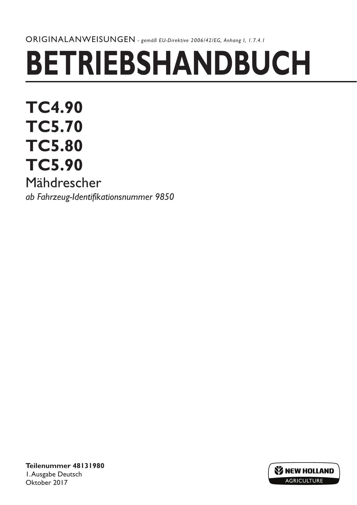 New Holland TC4 90 TC5 70 TC5 80 TC5 90 Mähdrescher Betriebsanleitung
