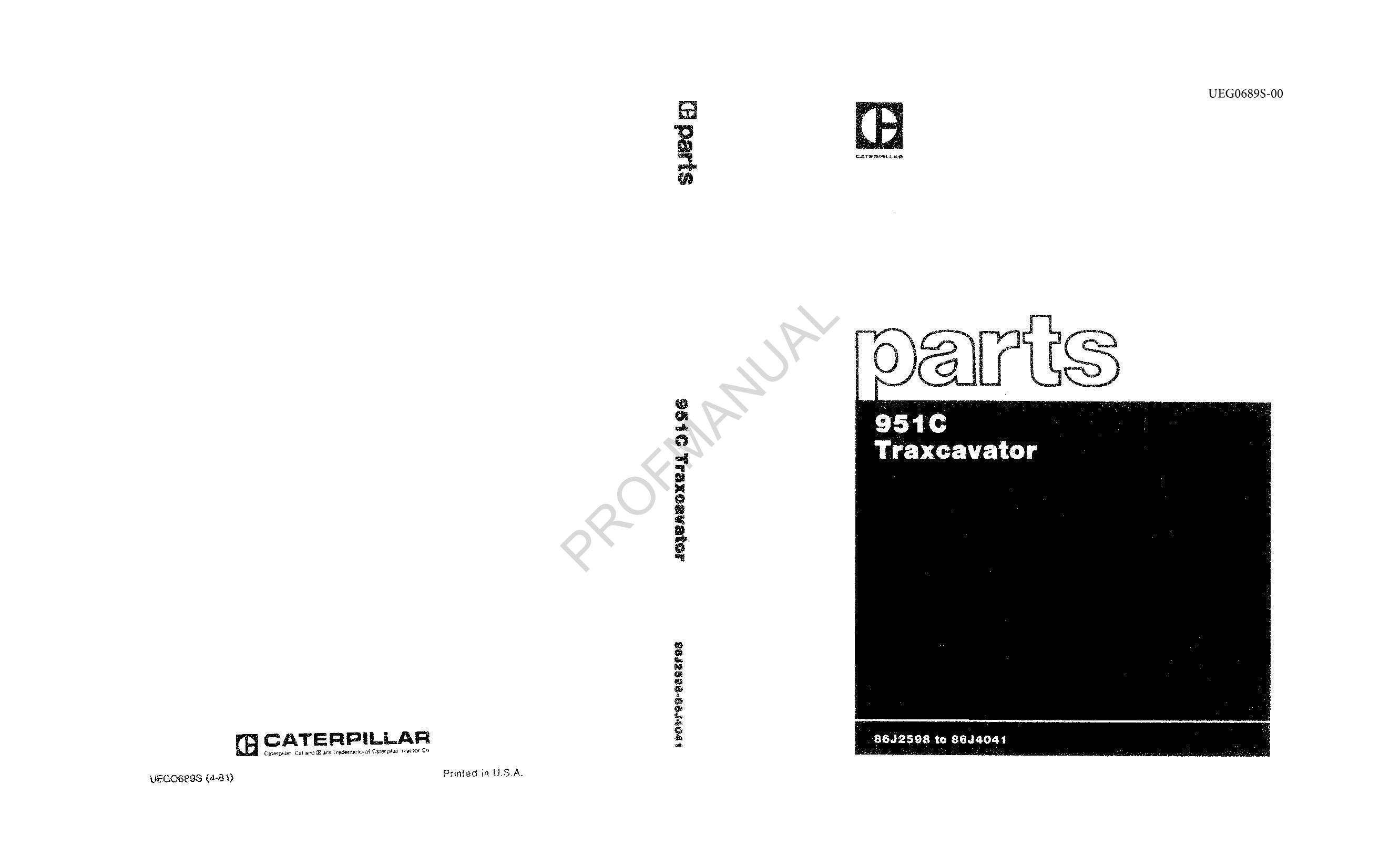 Caterpillar Cat 951C Traxcavator Parts Parts Catalog Manual UEG0689S