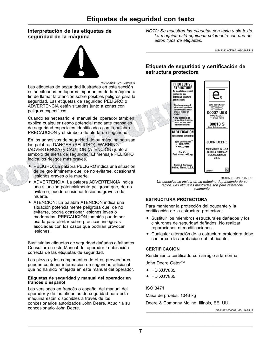 John Deere XUV835E XUV835R XUV835M cocodrilo Manual del Operador Español