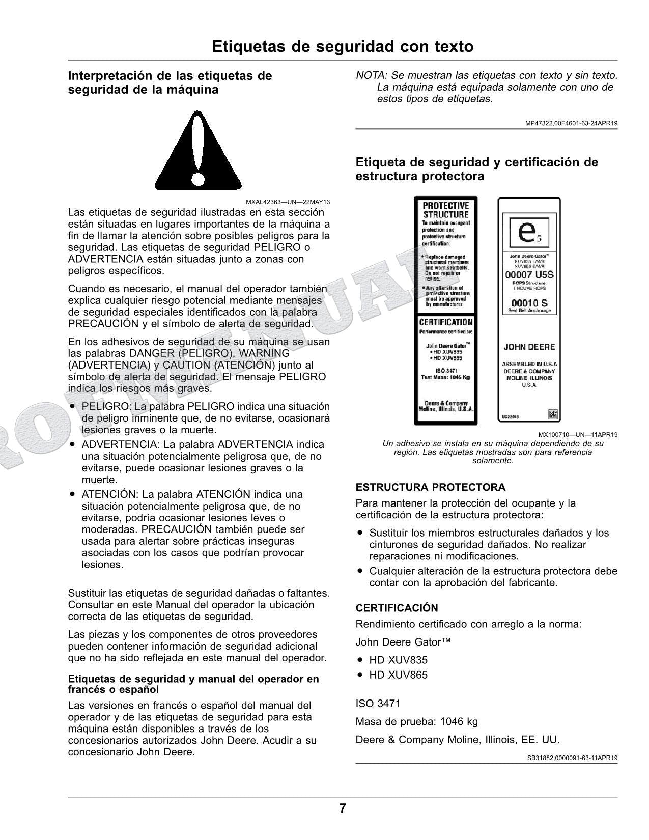 John Deere XUV835E XUV835R XUV835M cocodrilo Manual del Operador Español