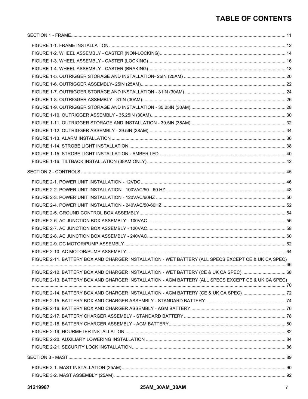 JLG 25AM 30AM 38AM Vertical Mast Parts Catalog Manual 31219987
