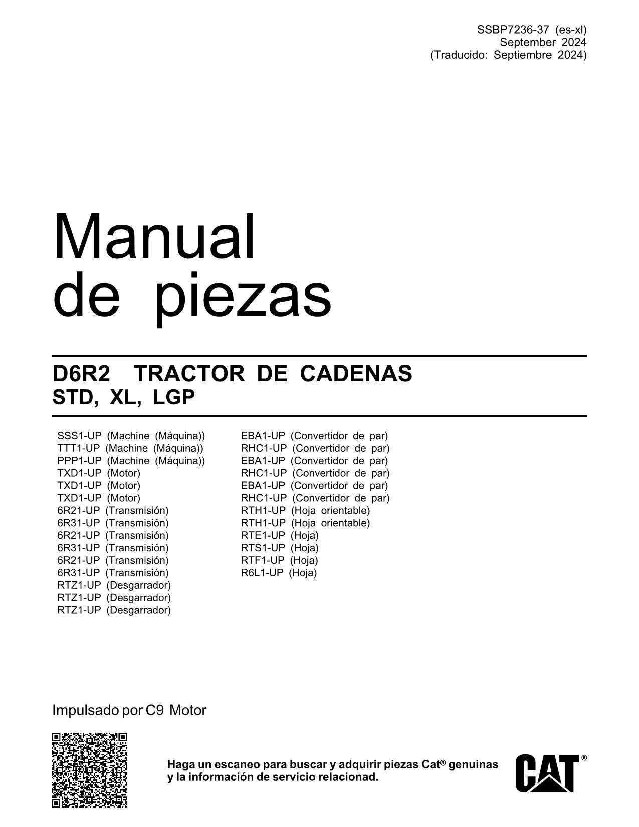 Caterpillar D6R2 STD XL LGP Tractor de Cadenas Manual de piezas Español