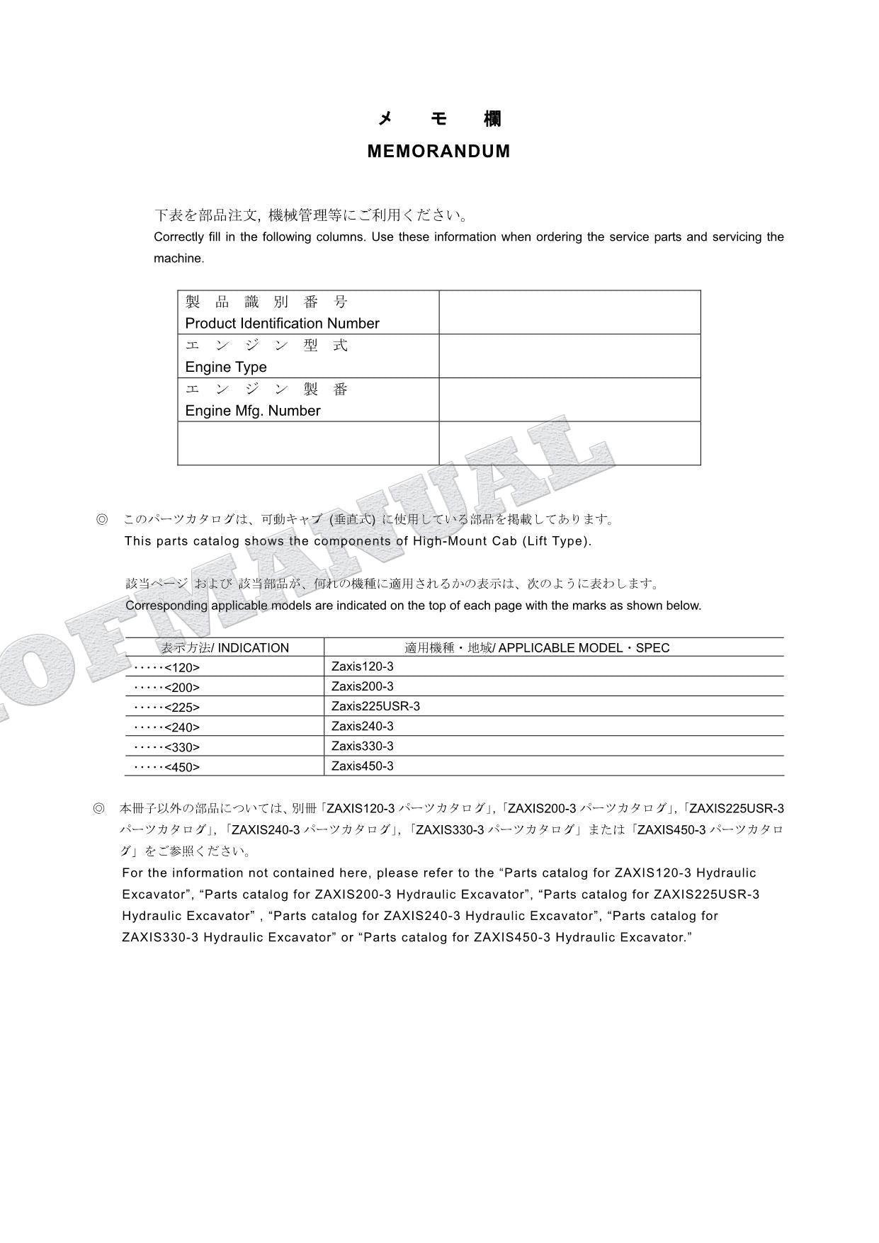 Manual del catálogo de piezas de la excavadora de cabina elevada HITACHI ZX330-3 ZX450-3