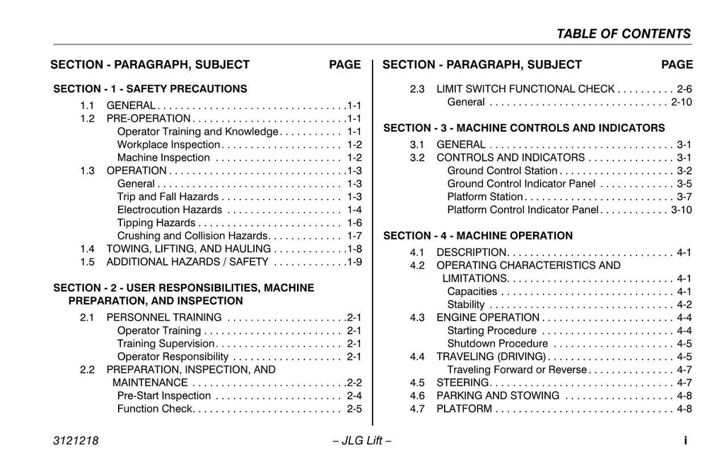 JLG 601S Boom Lift Maintenance Operation Operators Manual