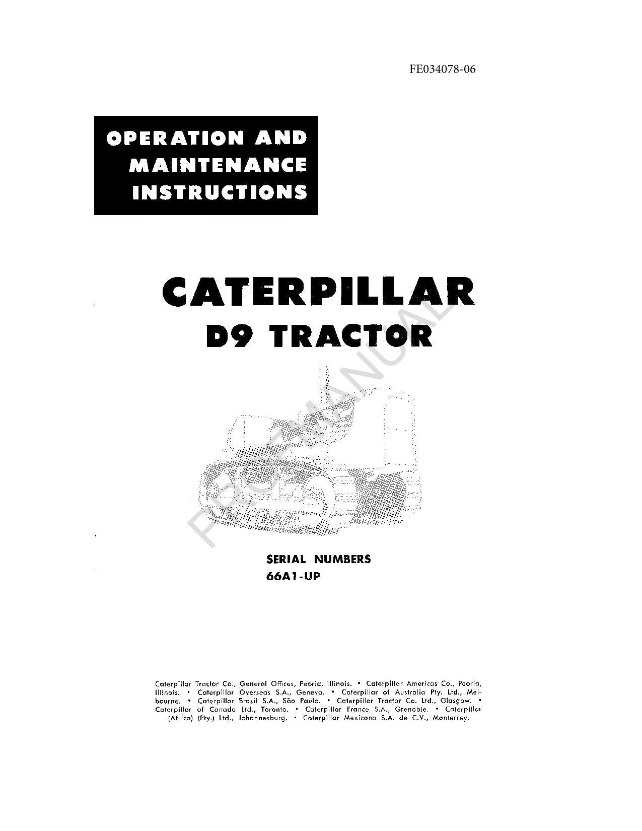 Manual de mantenimiento del operador del tractor Caterpillar D9 66A1-Up