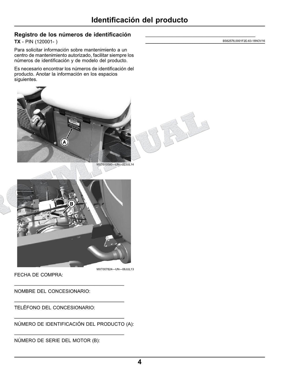 John Deere TX4X2 TX 4x2 cocodrilo Manual del Operador Español SN 120001-