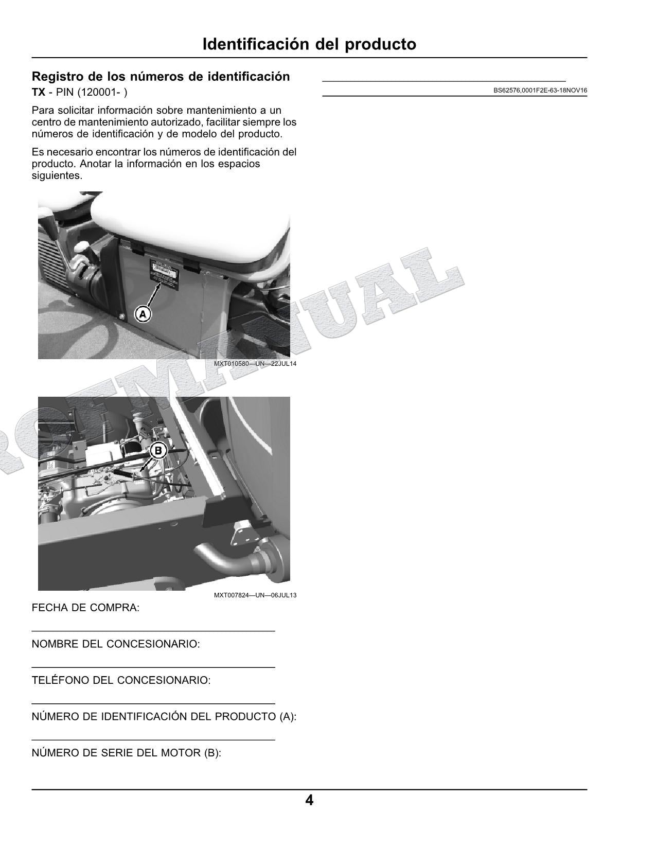 John Deere TX4X2 TX 4x2 cocodrilo Manual del Operador Español SN 120001-