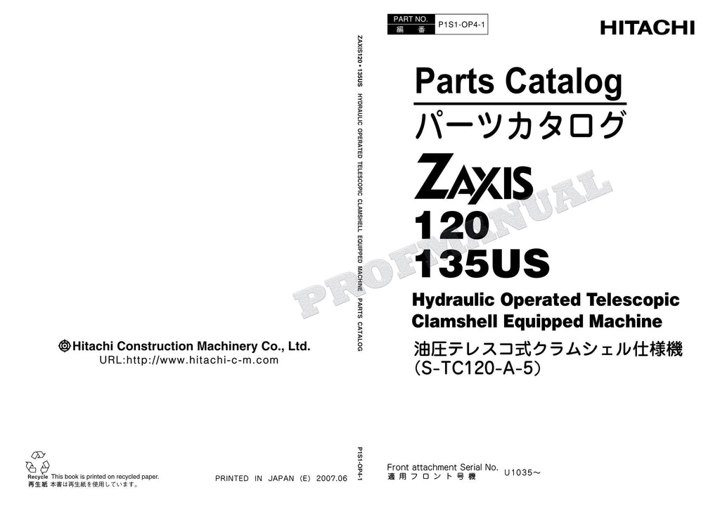HITACHI ZX120 ZX135US Hydraulic Clamshell Equip Excavator Parts Catalog Manual