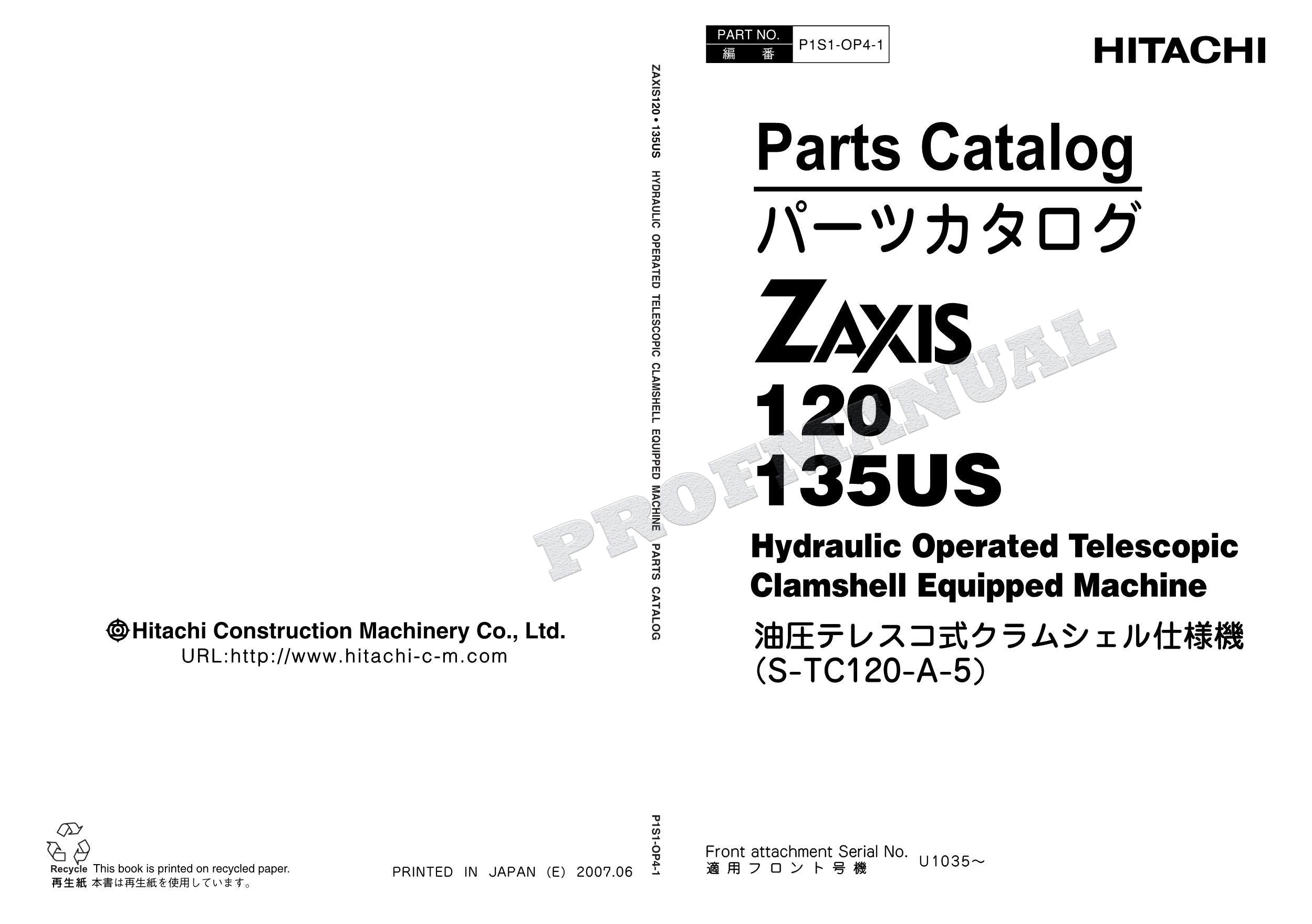 HITACHI ZX120 ZX135US Hydraulic Clamshell Equip Excavator Parts Catalog Manual