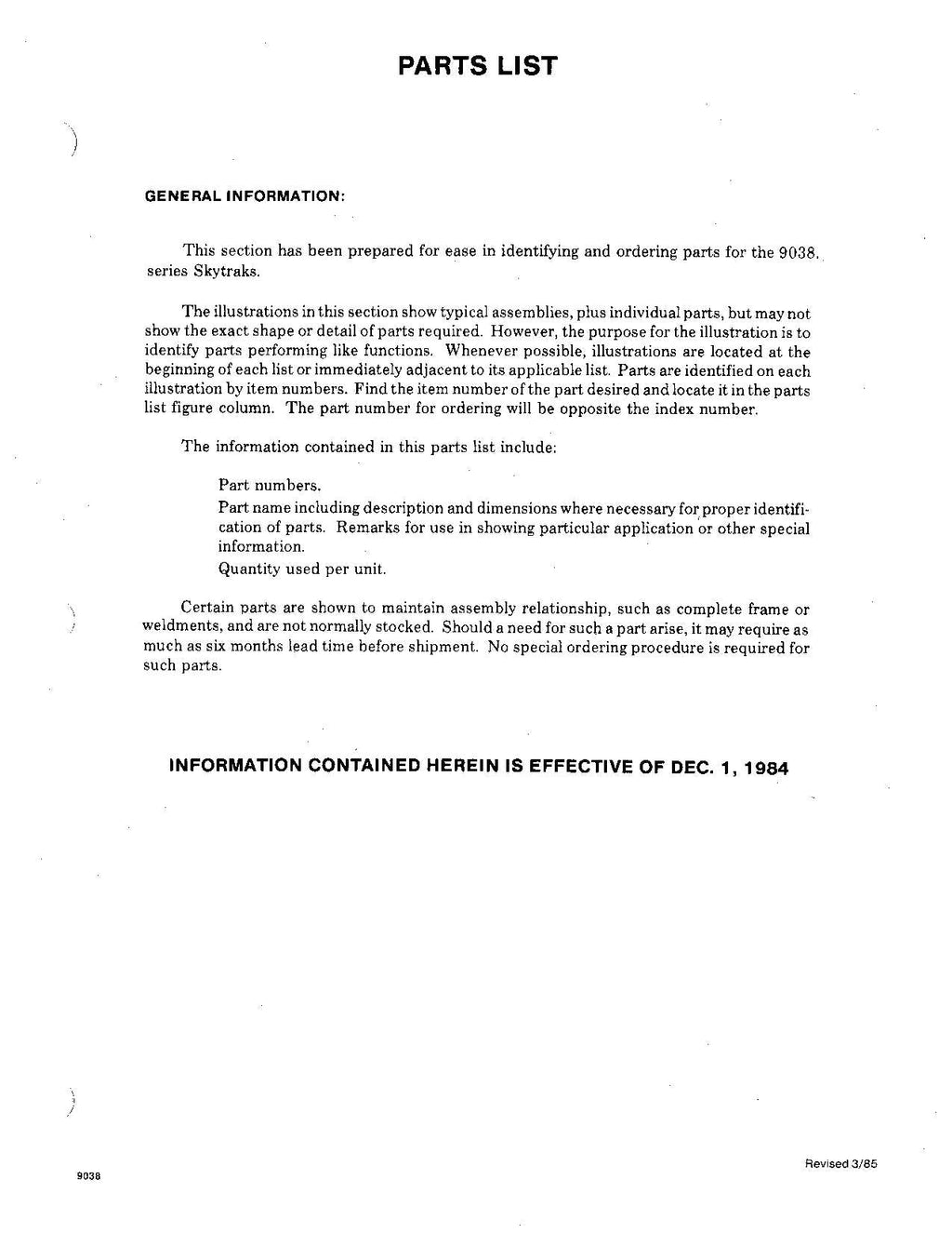 SKYTRAK 9038 Telehandler Parts Catalog Manual Prior to 9A0549
