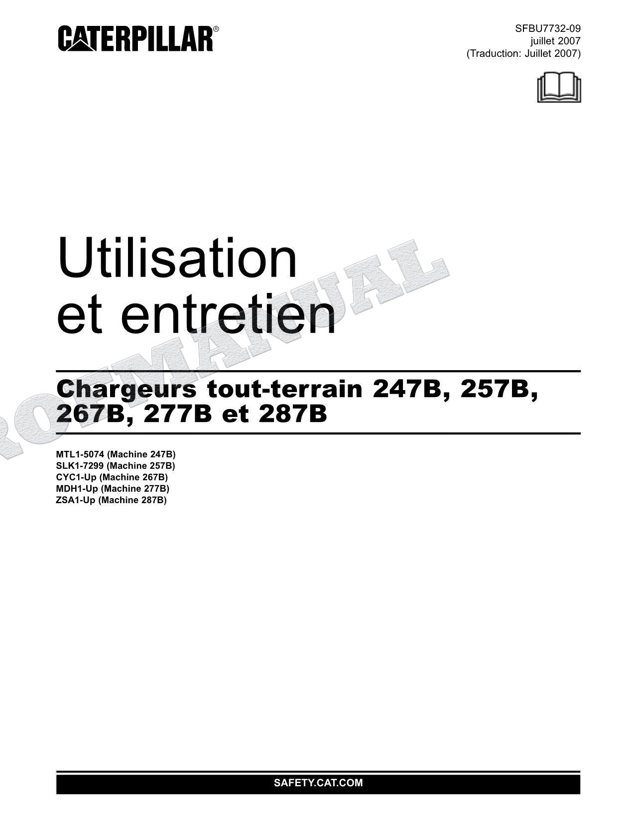 Caterpillar 247B 257B 267B 277B 287B Chargeuse Manuel D'Opération Et D'Entretien