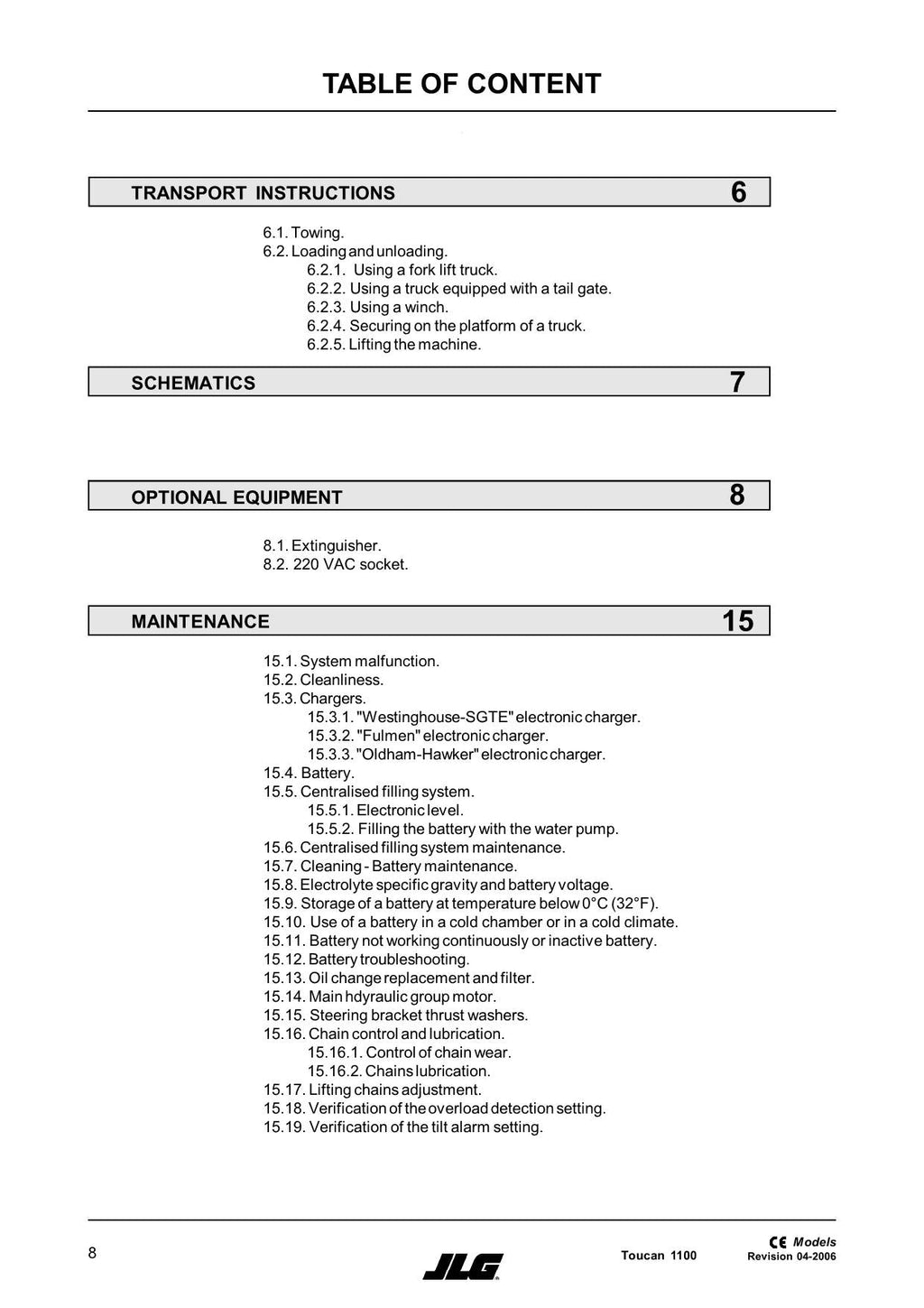 TOUCAN 1100 Vertical Lift Maintenance Operation Operators Manual