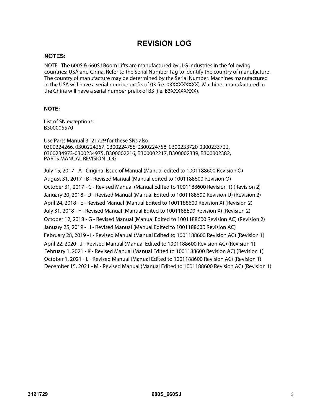 JLG 600S 660SJ Boom Lift Parts Catalog Manual 3121729