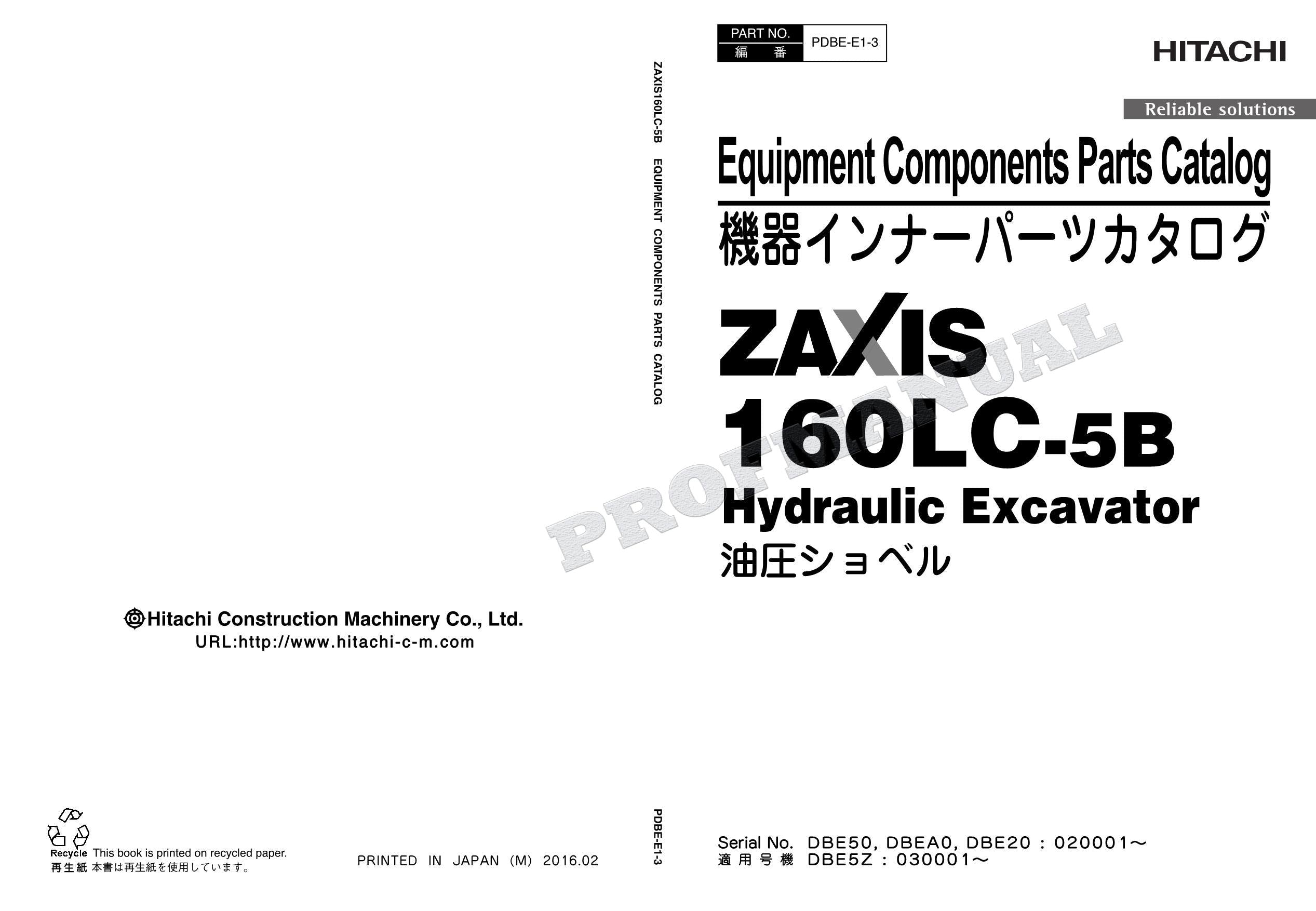 HITACHI ZAXIS ZX160LC-5B Equipment Component Excavator Parts Catalog Manual