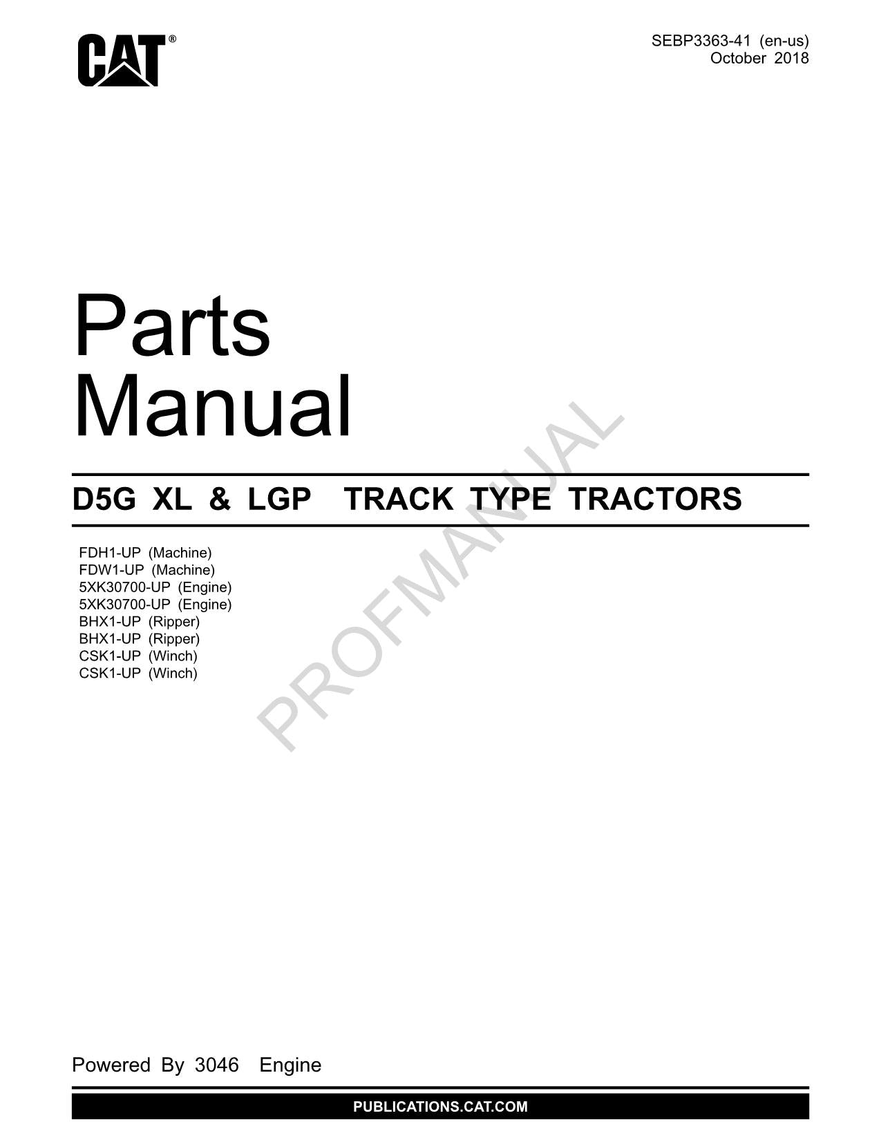 Caterpillar Cat D5G XL LPG Track Type Tractor Parts Catalog Manual SEBP3363