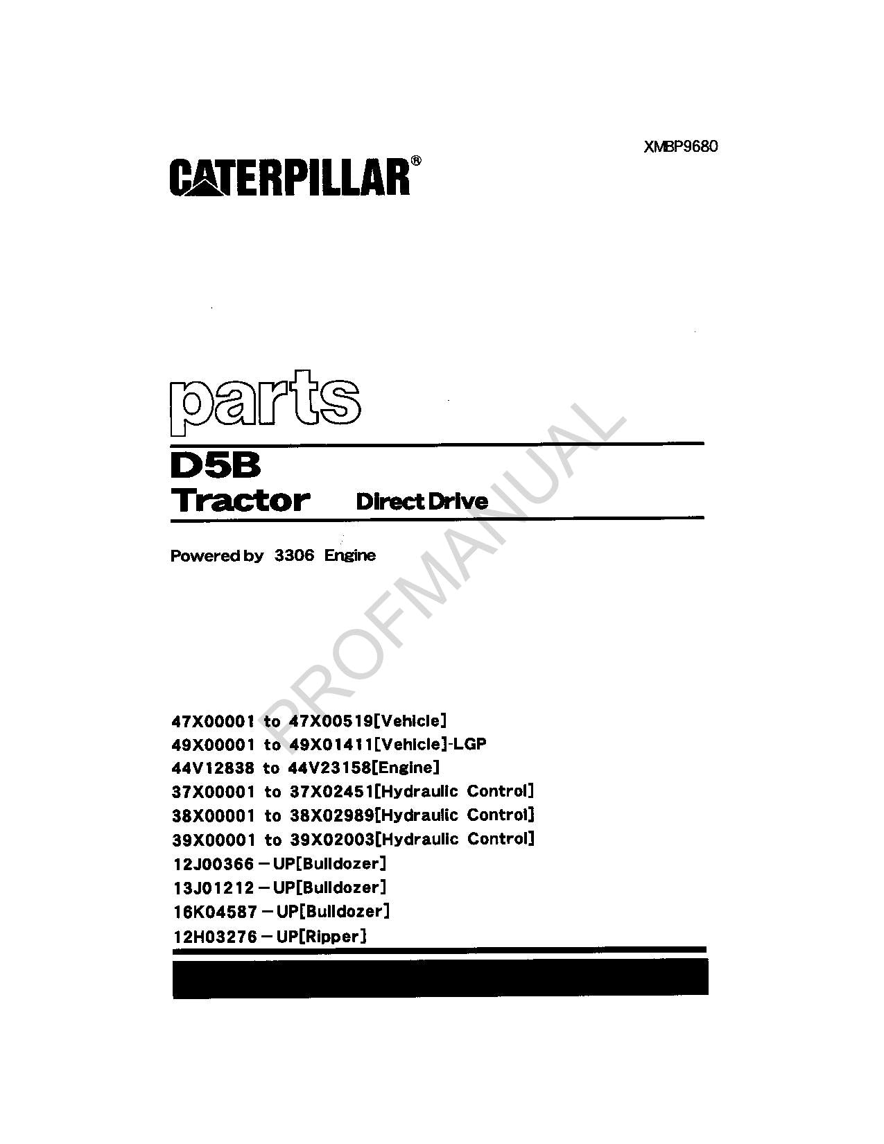Caterpillar Cat D5B Tractor Direct Drive Parts Catalog Manual XMBP9680
