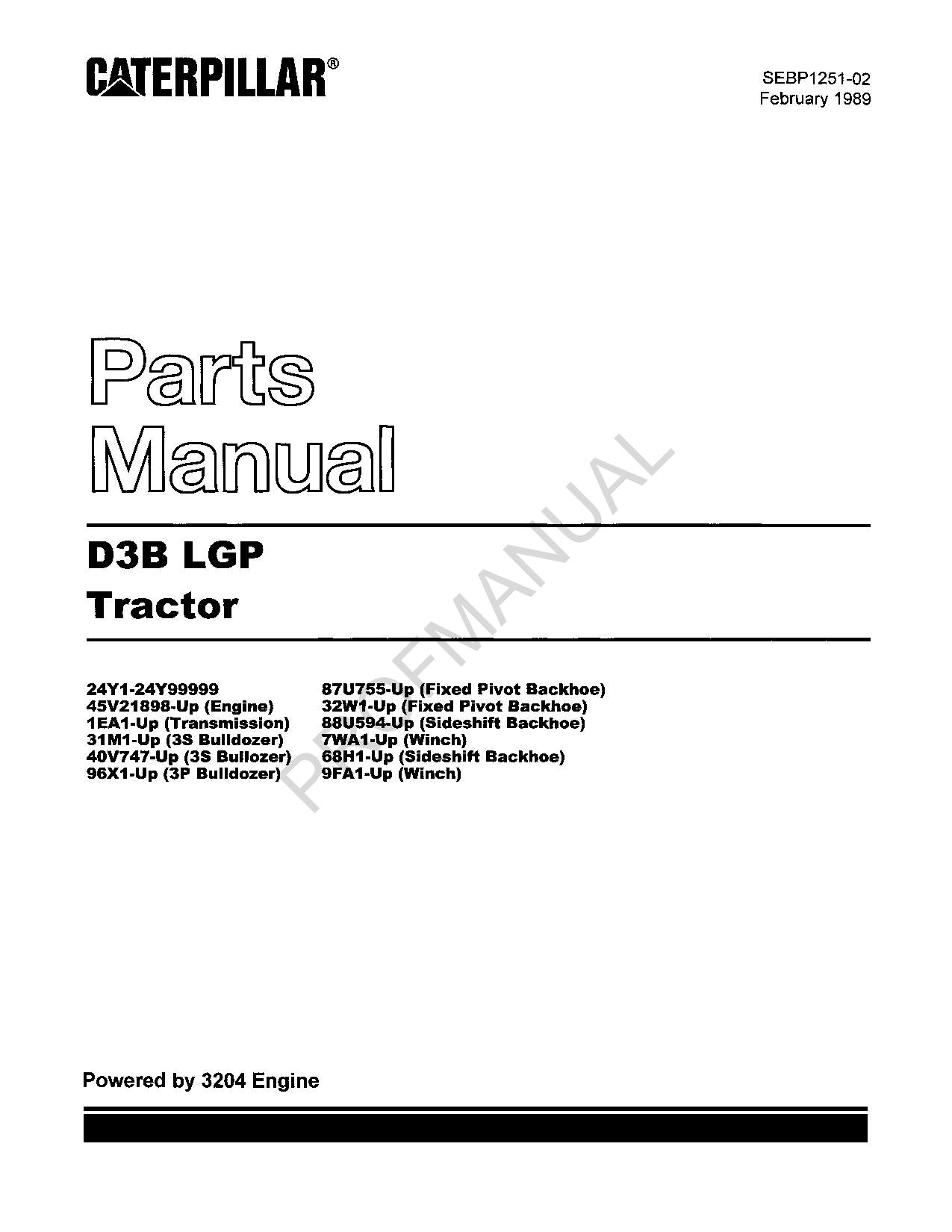 Caterpillar Cat D3B LPG Tractor Parts Catalog Manual SEBP1251