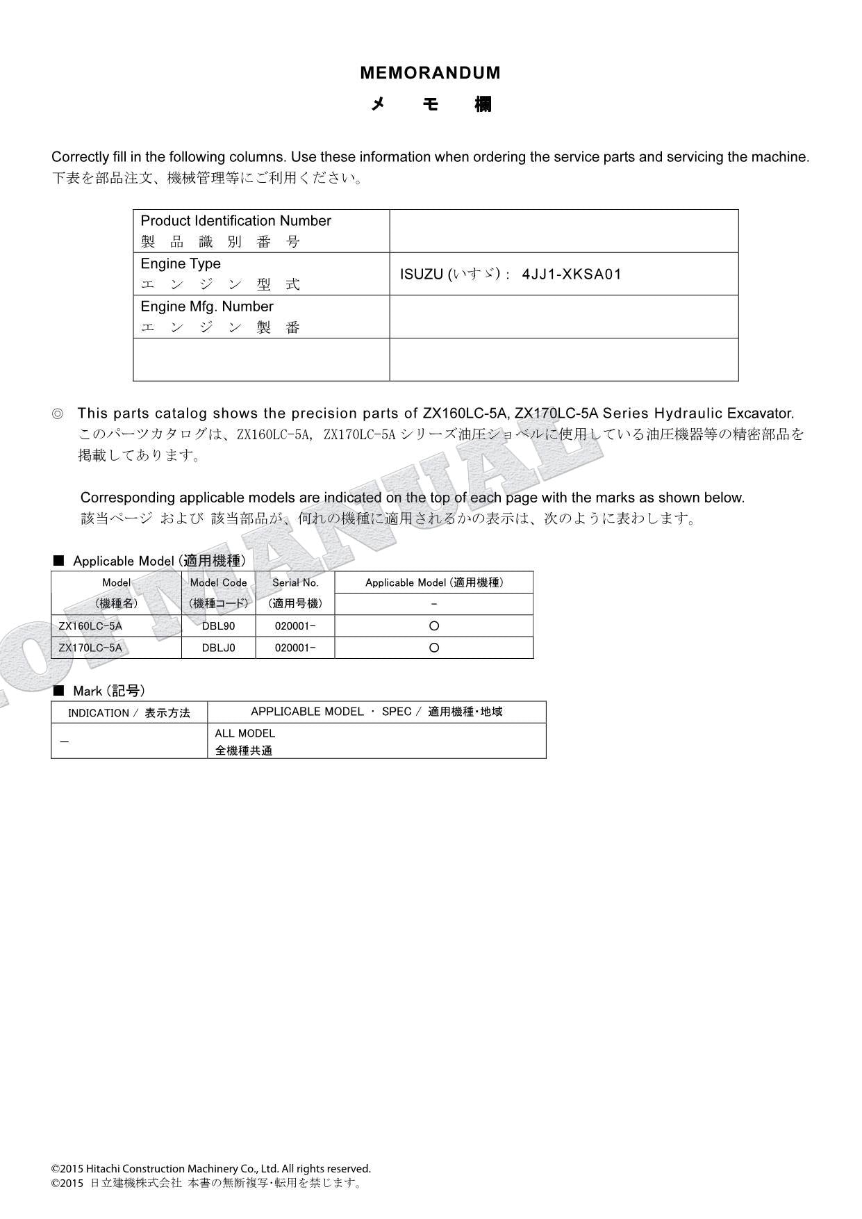 Catálogo de piezas de excavadoras y componentes del equipo HITACHI ZX160LC-5A ZX170LC-5A Manual