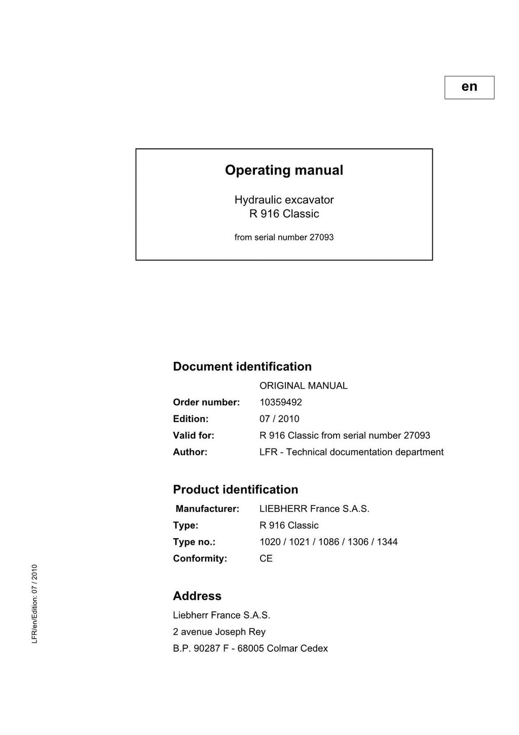 Liebherr R916 Classic Excavator Operators manual serial 27093