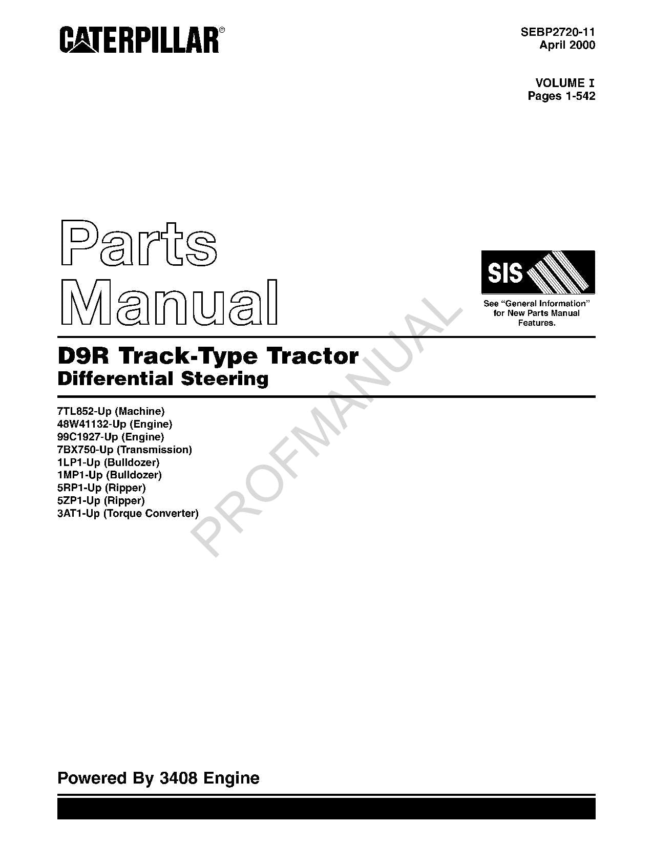 Caterpillar D9R Track Type Tractor Differential Steering Parts Catalog Manual