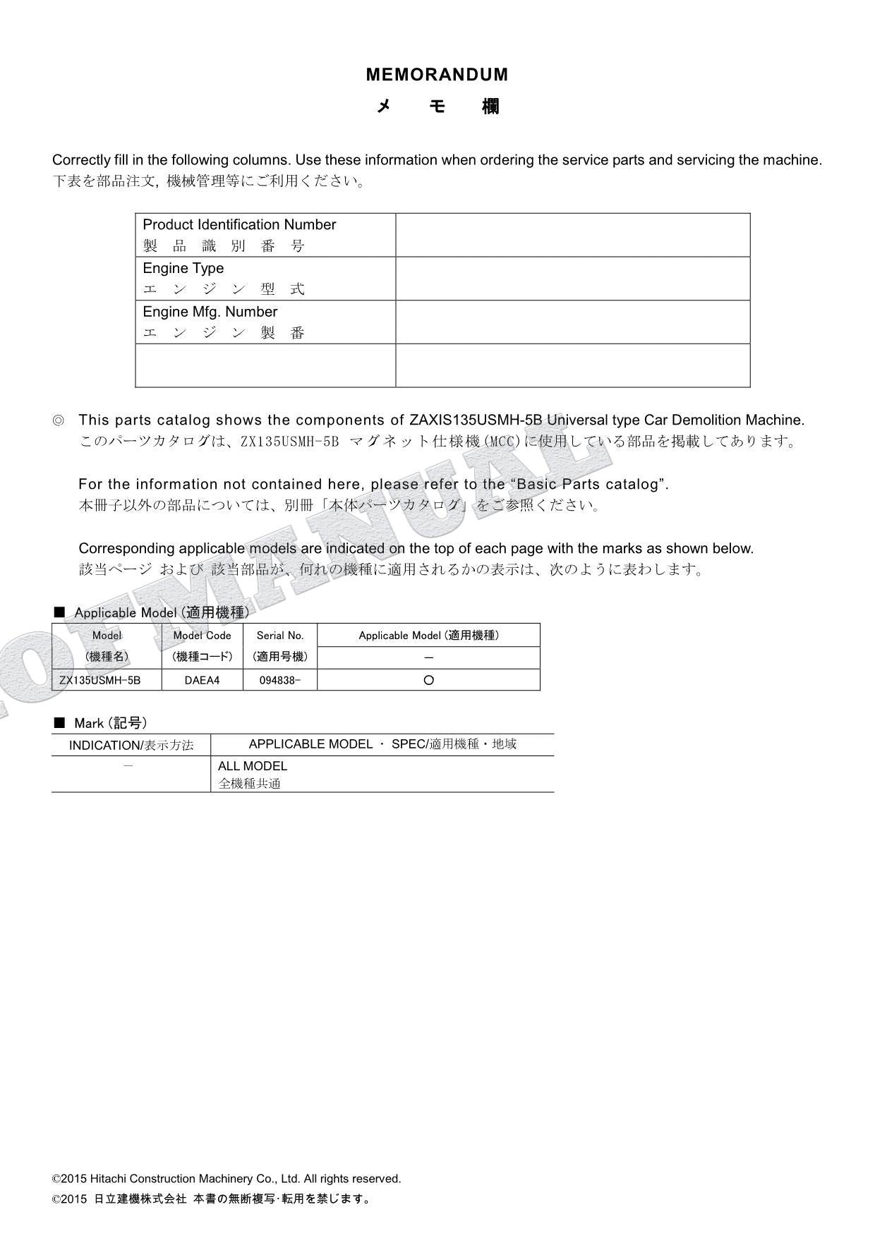 HITACHI ZAXIS ZX135USMH-5B Magnet Machine MCC Excavator Parts Catalog Manual