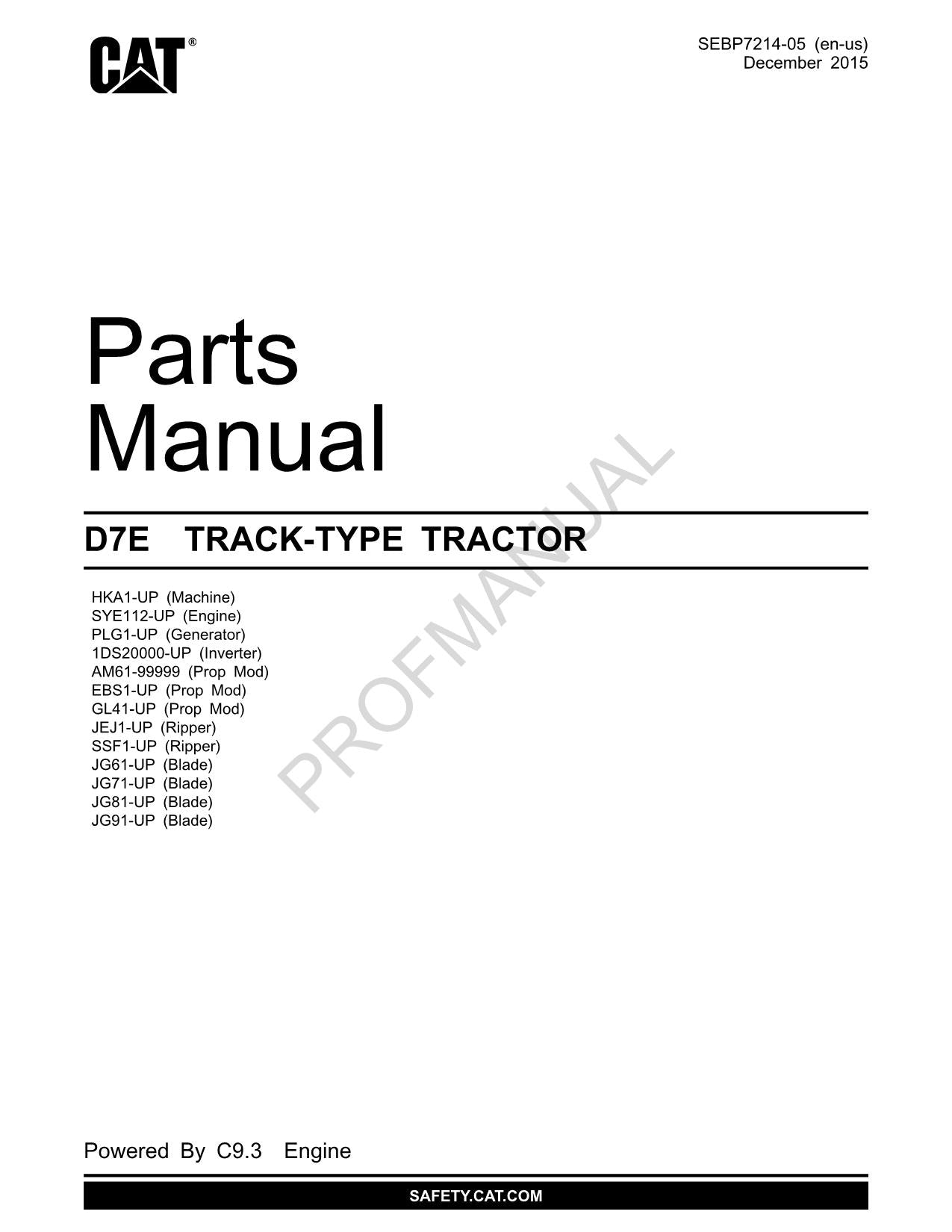 Caterpillar Cat D7E TRACK TYPE TRACTOR Parts Catalog Manual SEBP7214