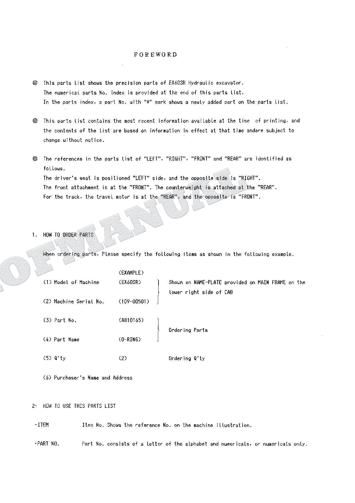 HITACHI EX60SR Equipment Component Excavator Parts Catalog Manual