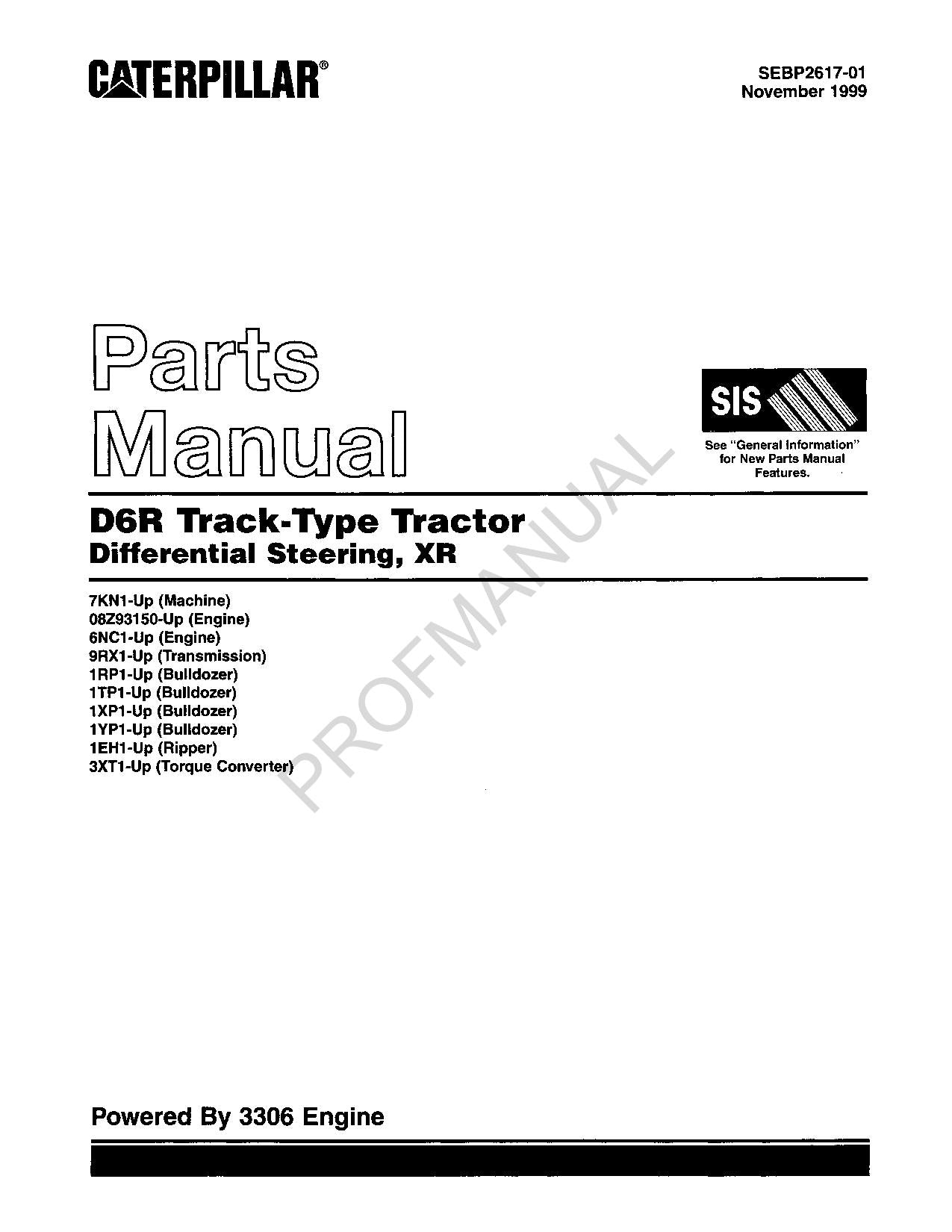 Caterpillar D6R Track Type Tractor Differential Steering XR Parts Catalog Manual