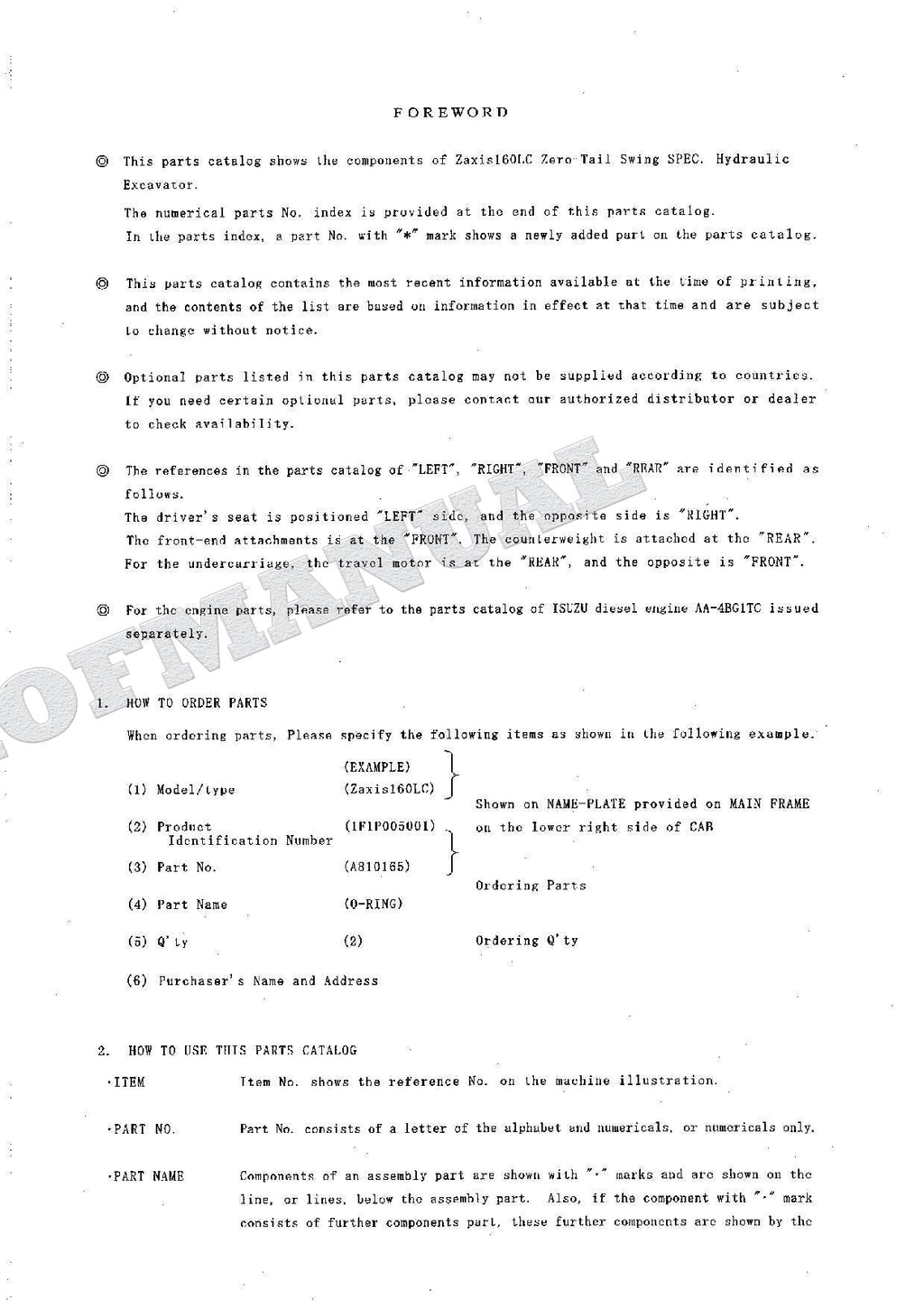 Manual del catálogo de piezas de la excavadora Hitachi ZAXIS ZX160LC con especificaciones de giro de cola cero