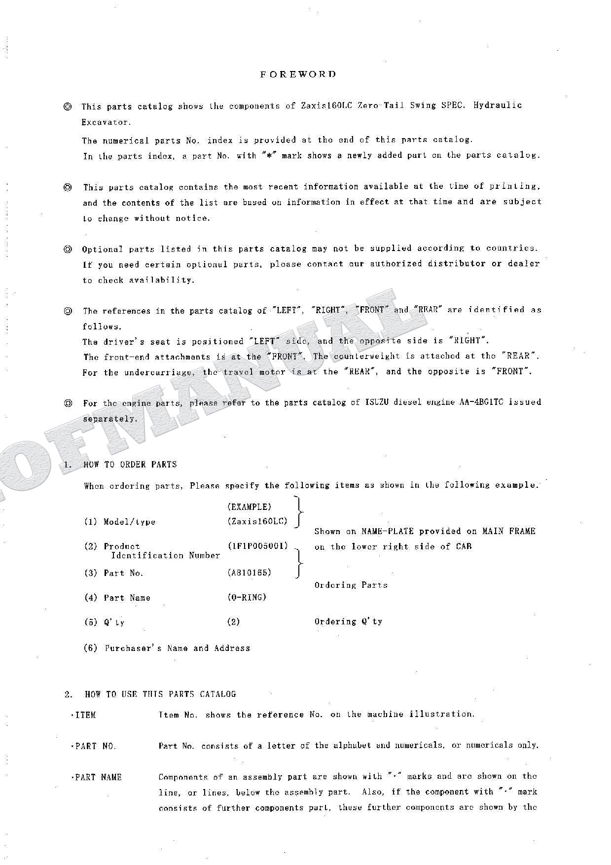Manual del catálogo de piezas de la excavadora Hitachi ZAXIS ZX160LC con especificaciones de giro de cola cero