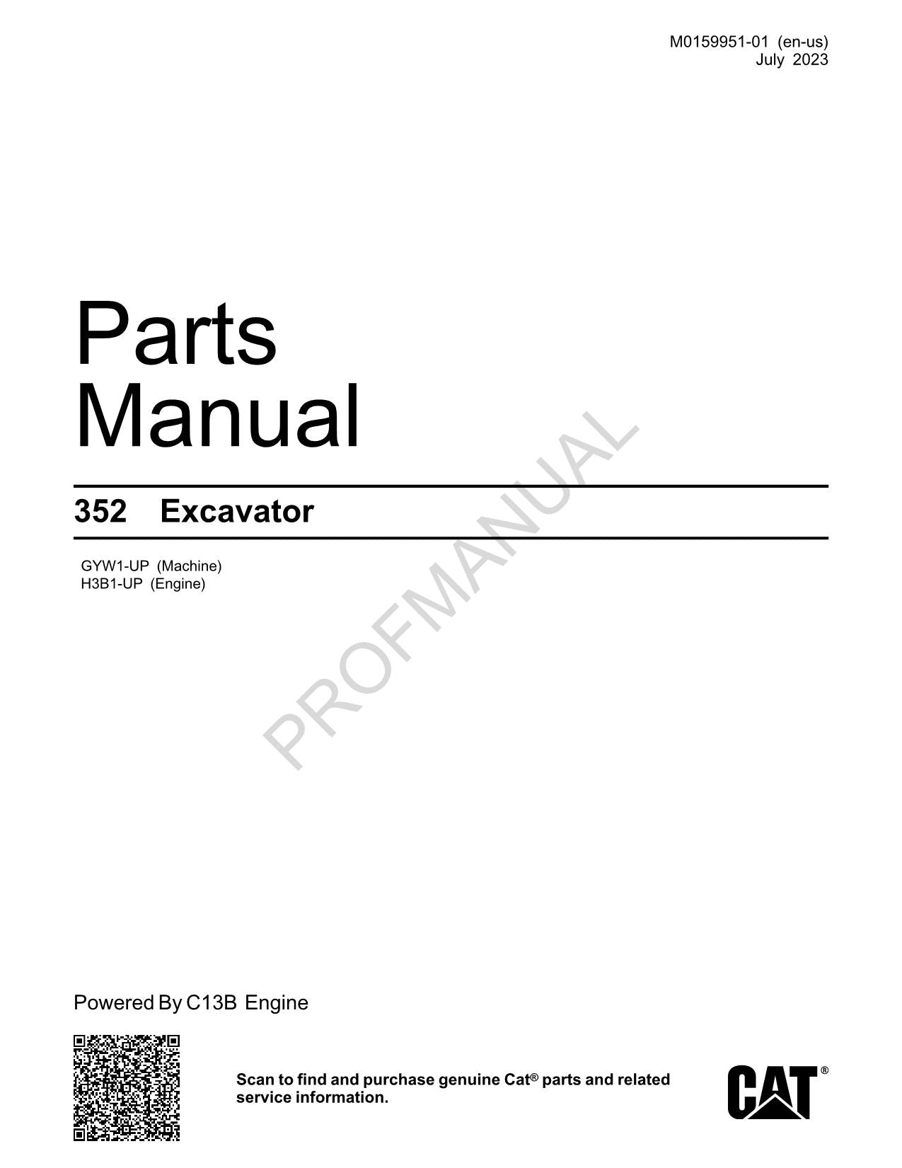 Caterpillar Cat 352 Excavator Parts Catalog Manual ser GYW1-up H3B1-Up